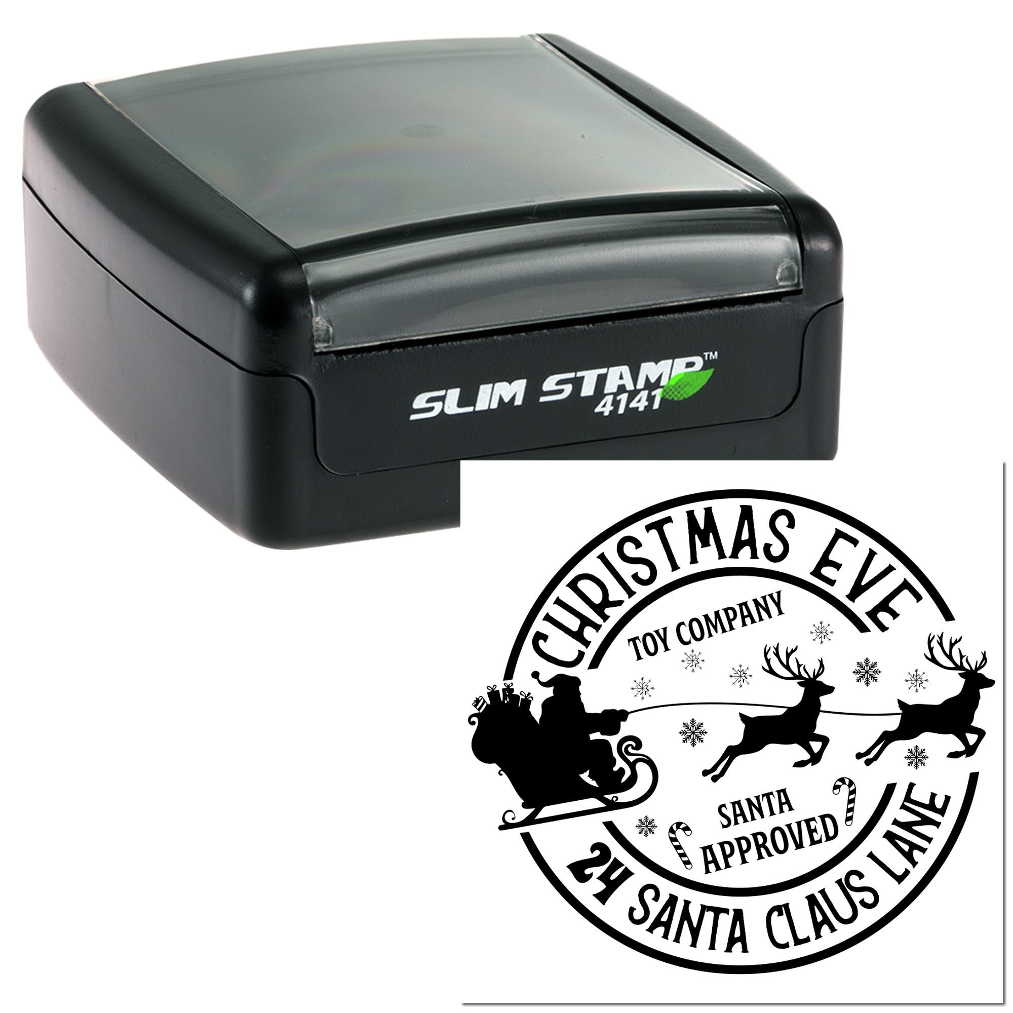 Slim Stamp 4141 self-inking rubber stamp with custom Christmas Eve Toy Company Santa Approved Christmas return address design