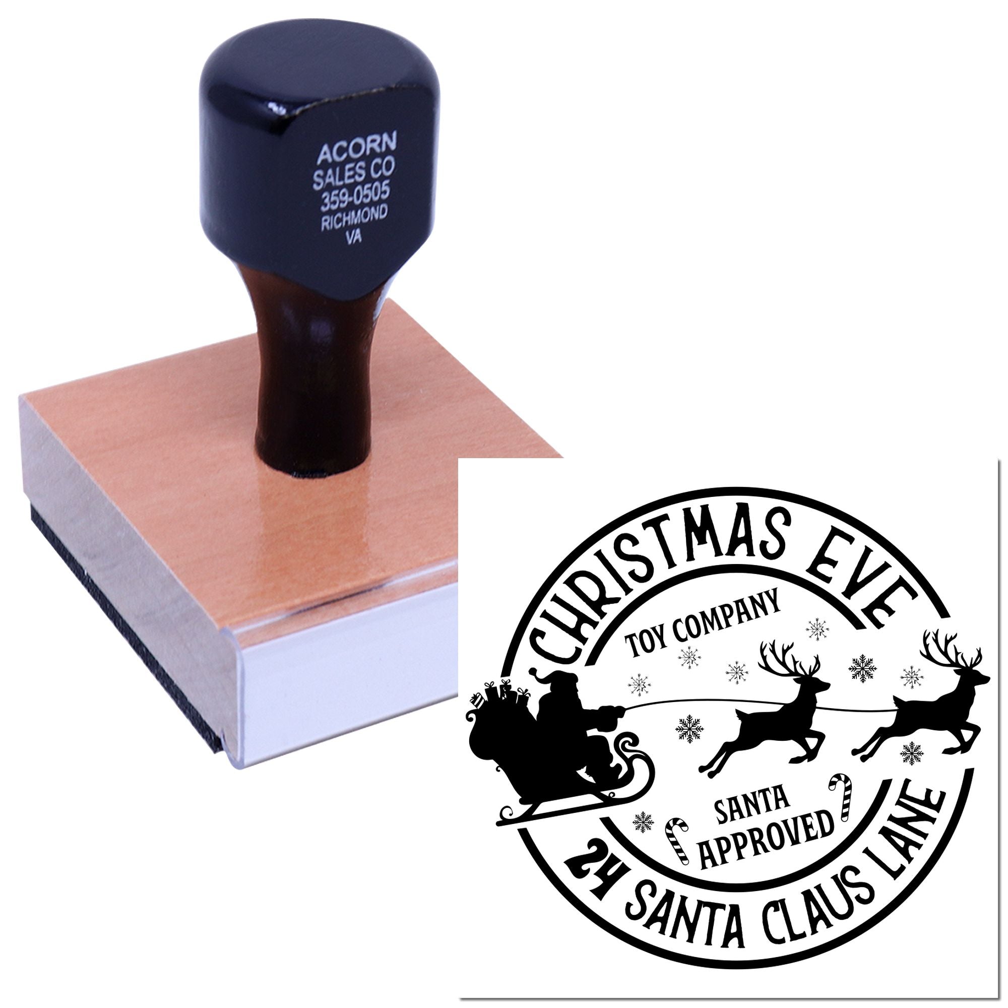 Custom rubber stamp with Christmas Eve Santa-approved design proof for personalized holiday stamping.