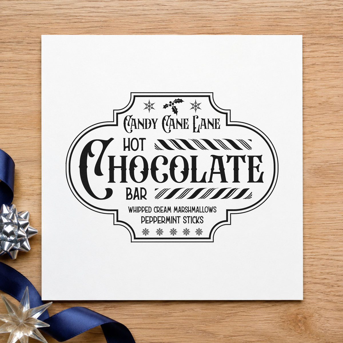 Candy Cane Lane Chocolate Bar craft stamp imprint in black ink on a handmade project, one idea being topping cup tags.