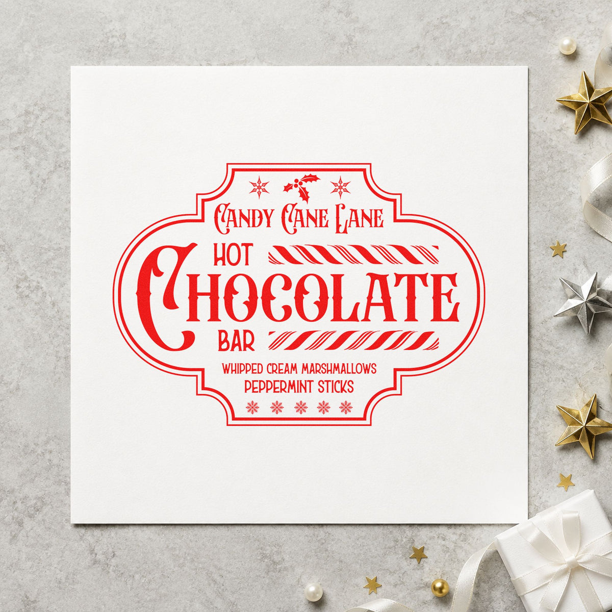 Candy Cane Lane Chocolate Bar rubber stamp shown in red ink, stamped for projects such as jar rim labels.