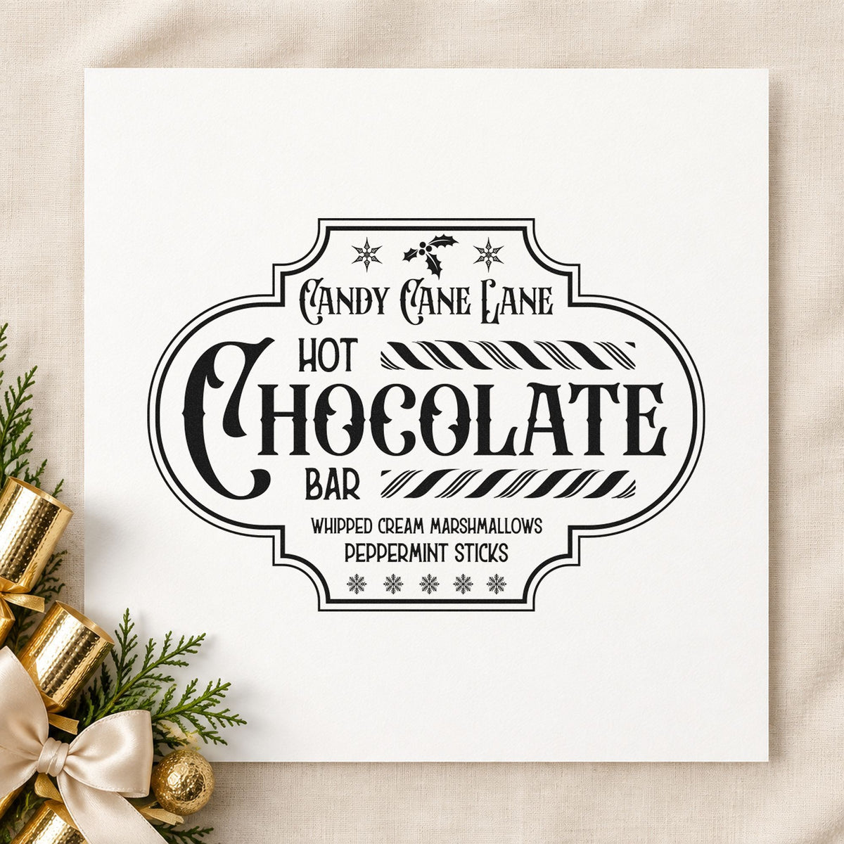 Candy Cane Lane Chocolate Bar rubber stamp printed in black ink, ready for striped divider cards and similar paper crafts.