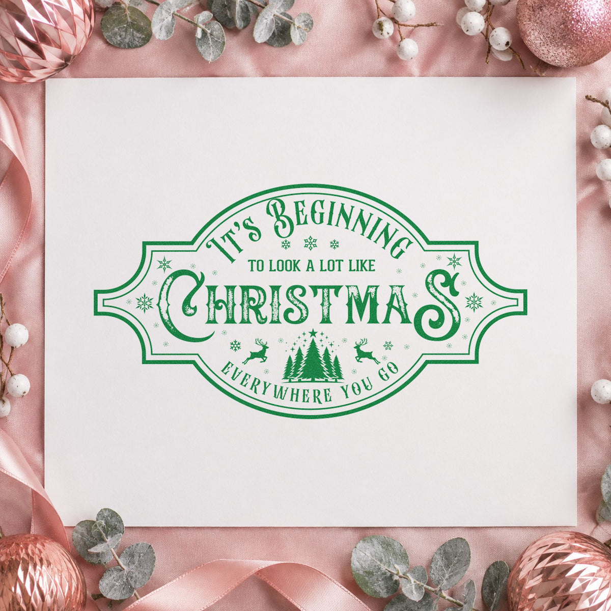 Beginning To Look Like Christmas craft stamp in green ink on cardstock, an easy option for decor start album.