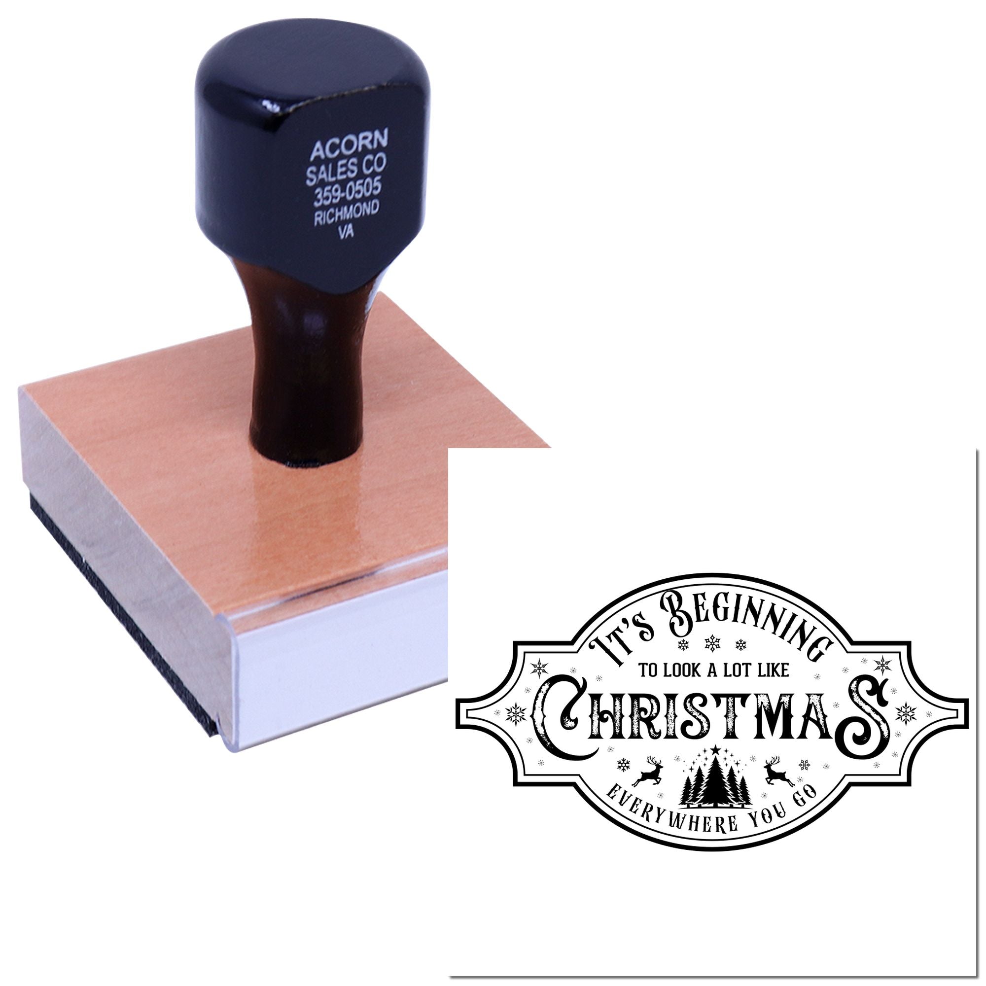 Custom wood handle rubber stamp with Christmas design, ideal for branding holiday stationery, packaging, and mailings.