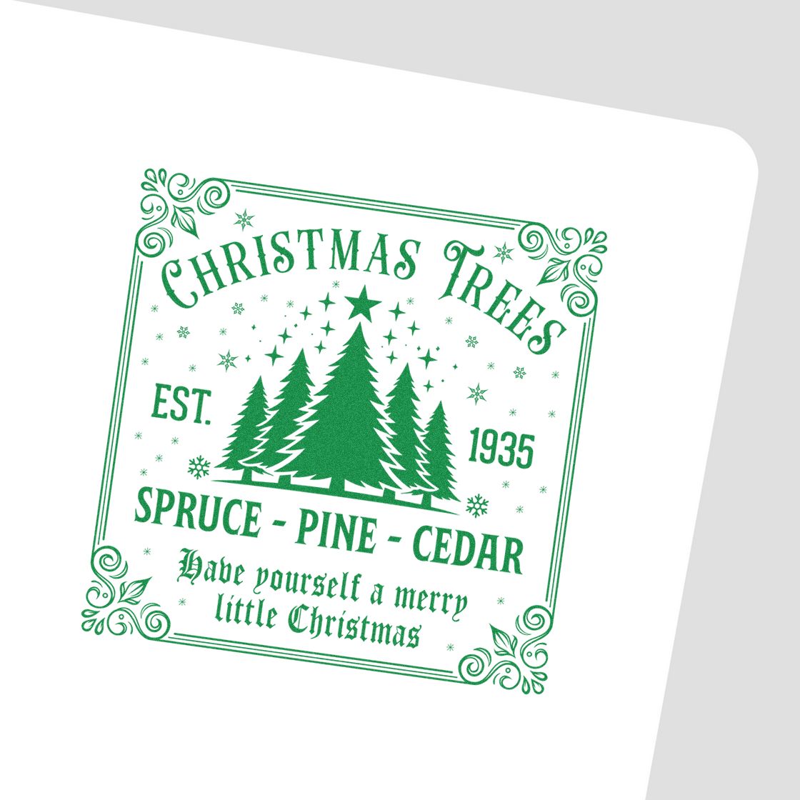 Vintage Christmas trees rubber stamp with spruce, pine and cedar text and a merry little Christmas message.