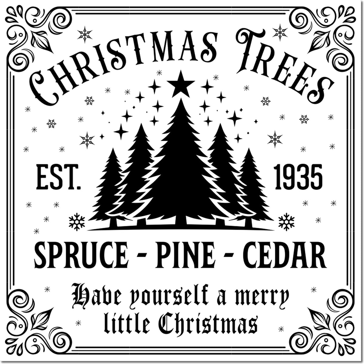 Vintage Christmas rubber stamp design with pine trees, snowflakes, and holiday greeting: Have Yourself a Merry Little Christmas.