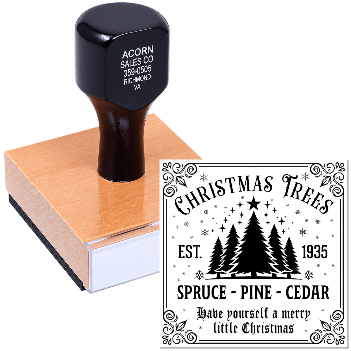 Wood-mounted custom rubber stamp featuring Christmas Trees design for holiday cards, crafts, and seasonal branding.