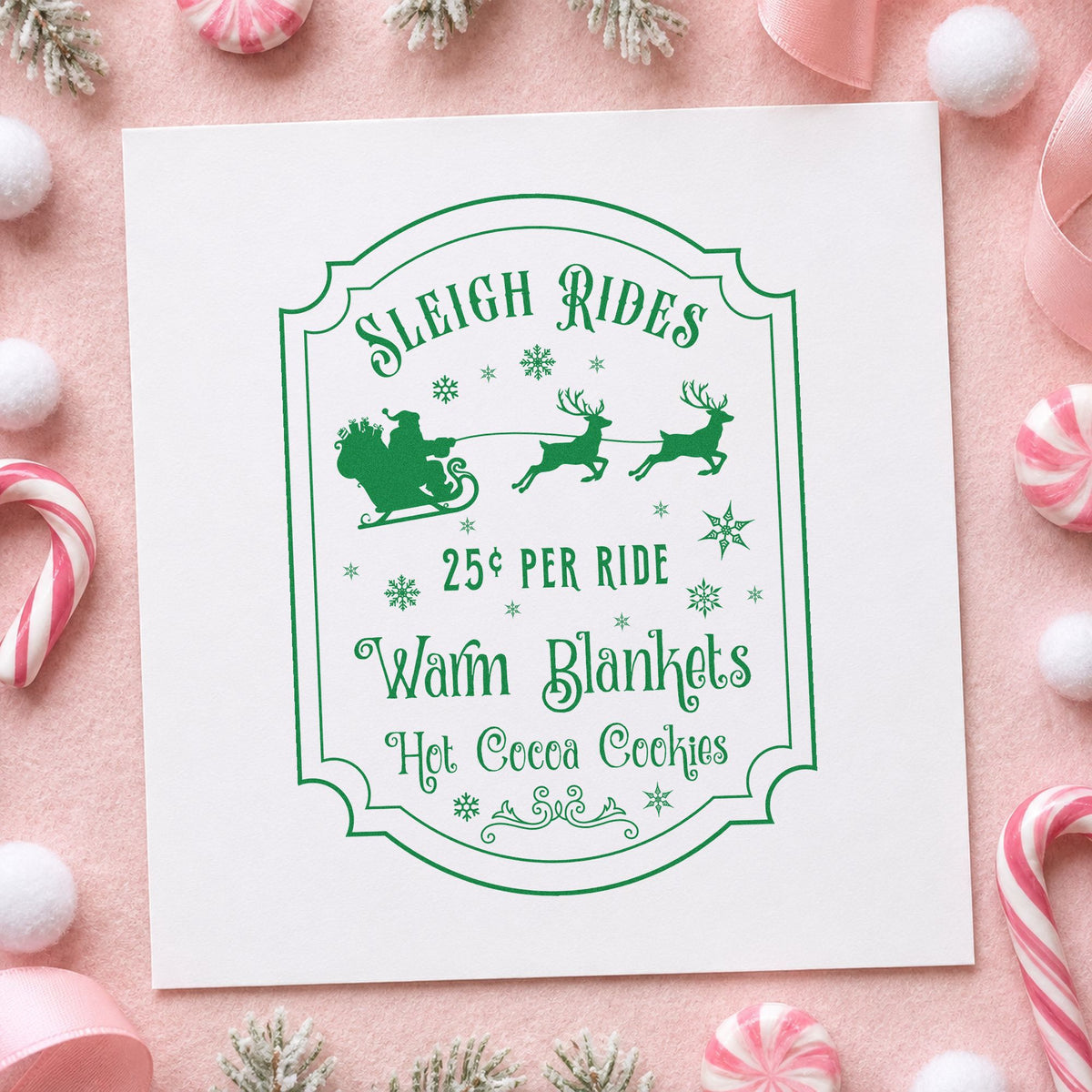 Sleigh Rides Warm Blankets craft stamp in green ink on cardstock, an easy option for fair album page.