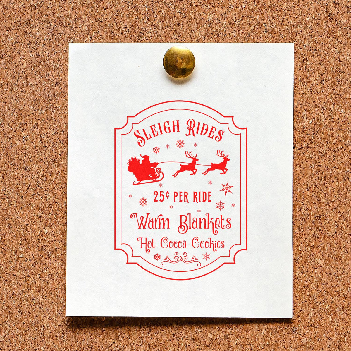 Holiday rubber stamp design for Christmas sleigh rides, featuring warm blankets, hot cocoa and cookies.