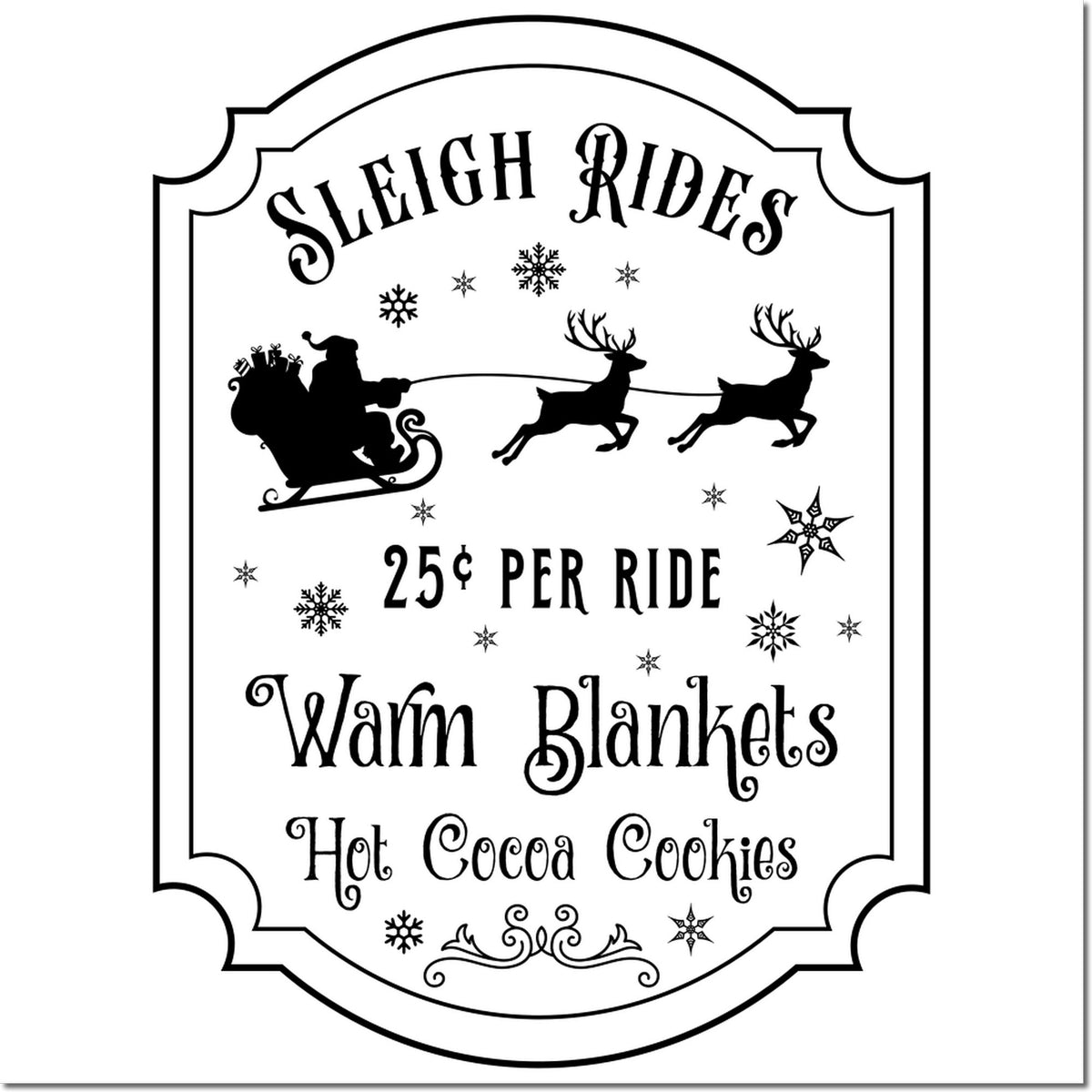 Vintage Christmas rubber stamp design with Santa sleigh, reindeer, snowflakes, and Sleigh Rides, 25 Per Ride, Warm Blankets text.