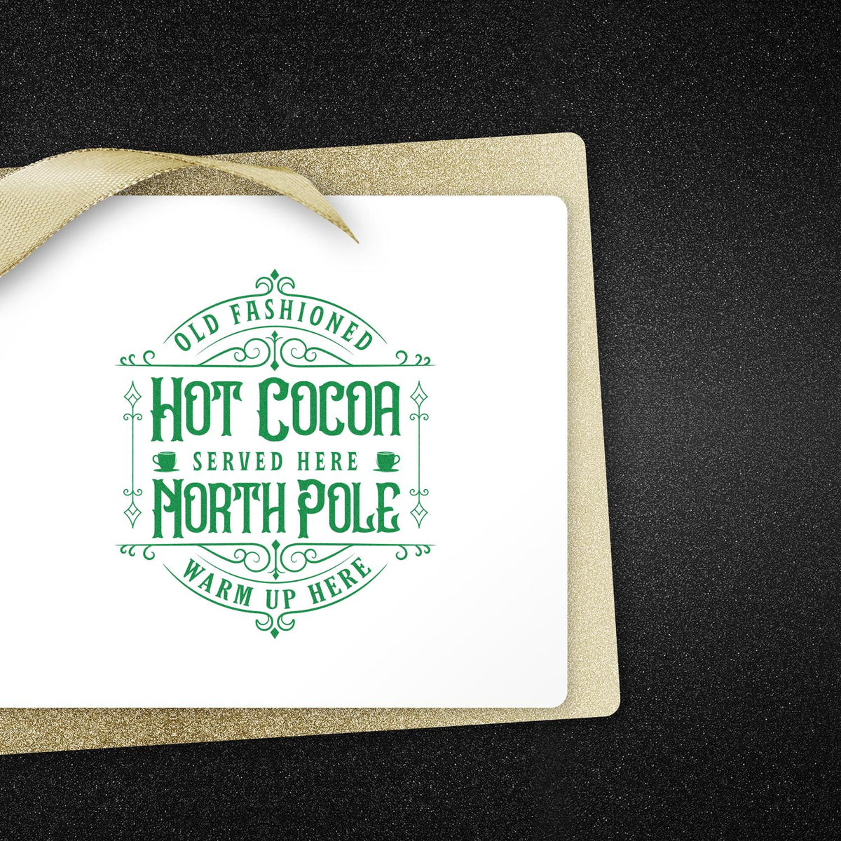 Old Fashioned North Pole Cocoa rubber stamp shown in green ink, stamped for projects such as rest stop album.