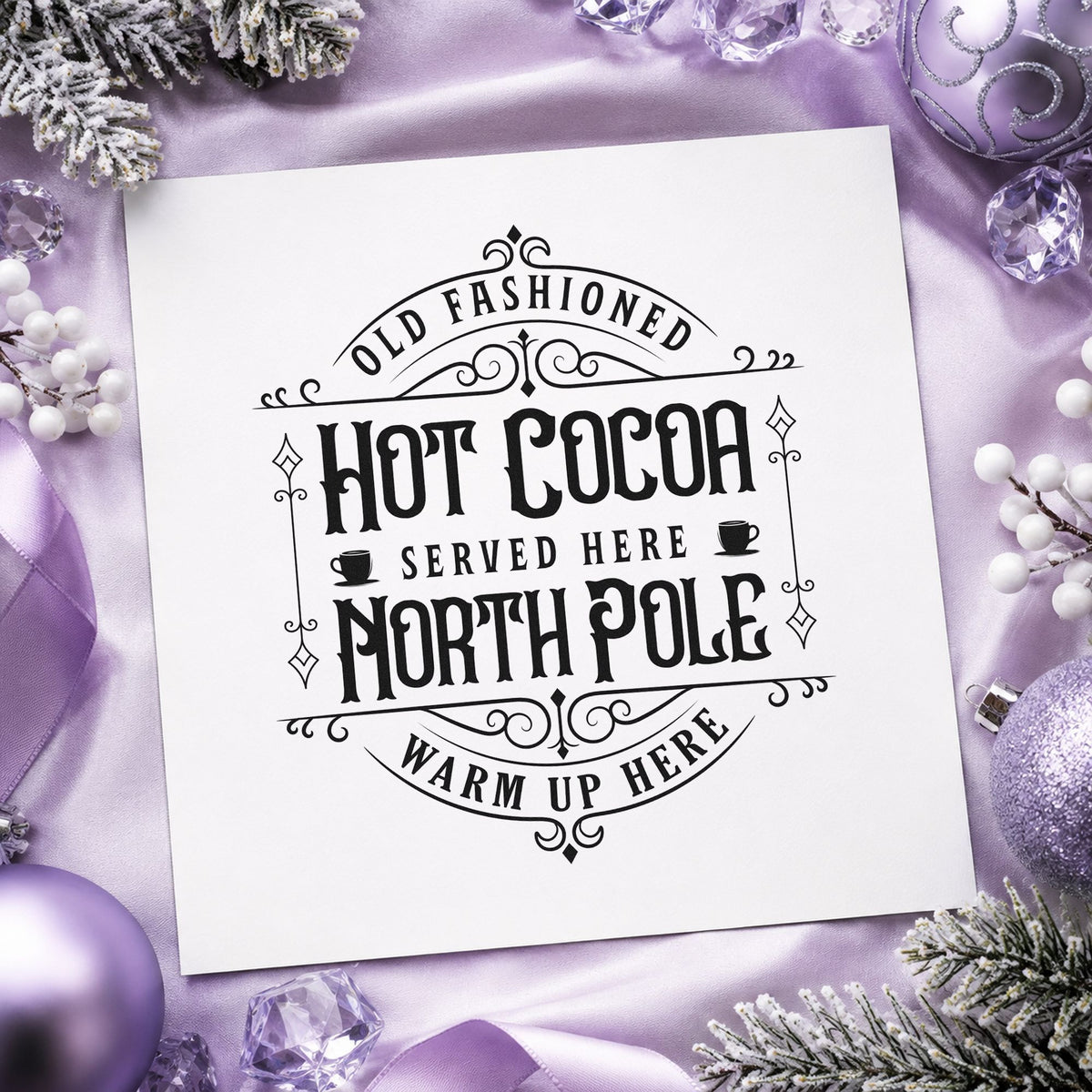 Old Fashioned North Pole Cocoa rubber stamp printed in black ink, ready for volunteer shift sheet and similar paper crafts.