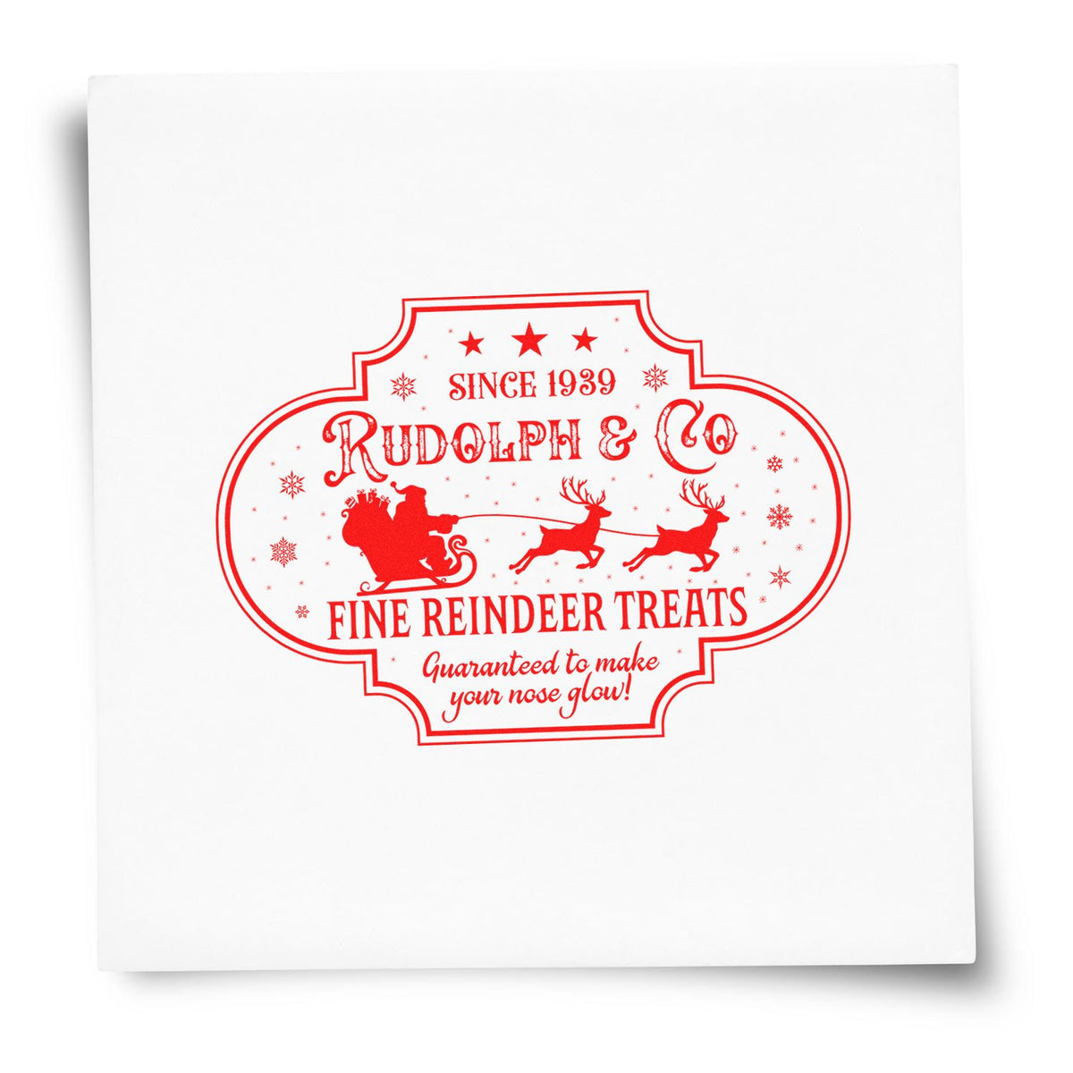 Vintage holiday rubber stamp design for Rudolph & Co. Fine Reindeer Treats, featuring Santas sleigh and reindeer.