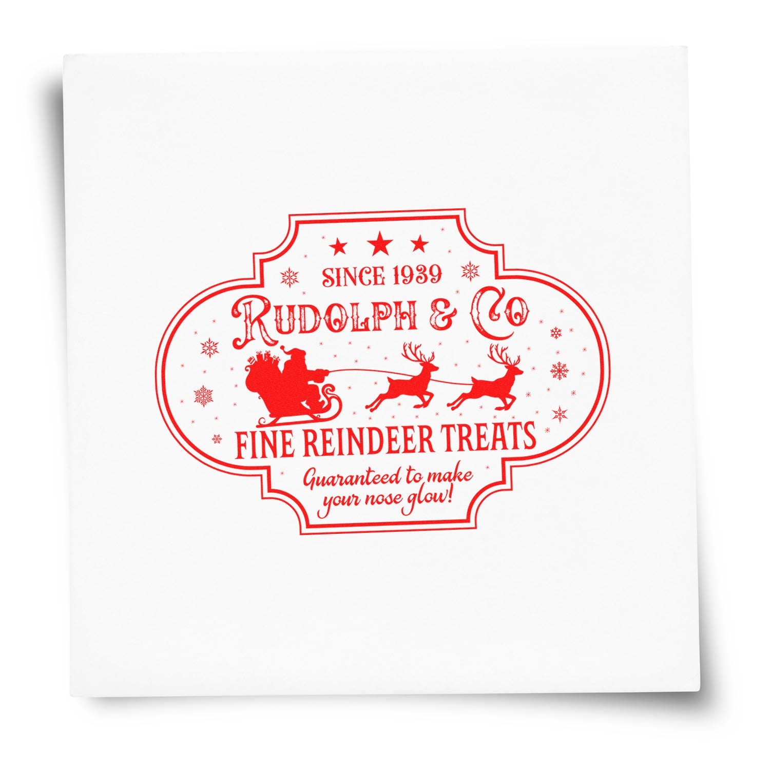 Custom holiday rubber stamp design for Rudolph & Co Fine Reindeer Treats, featuring Santas sleigh, reindeer, and Since 1939 branding.
