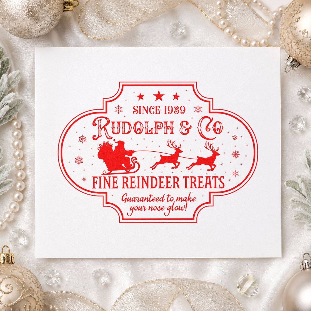 Rudolph Fine Reindeer Treats rubber stamp shown in red ink, stamped for projects such as storage tub labels.