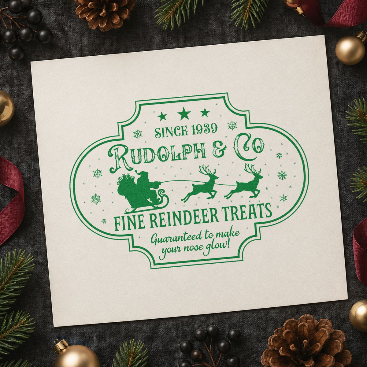 Rudolph Fine Reindeer Treats craft stamp imprint in green ink on a handmade project, one idea being order form slips.
