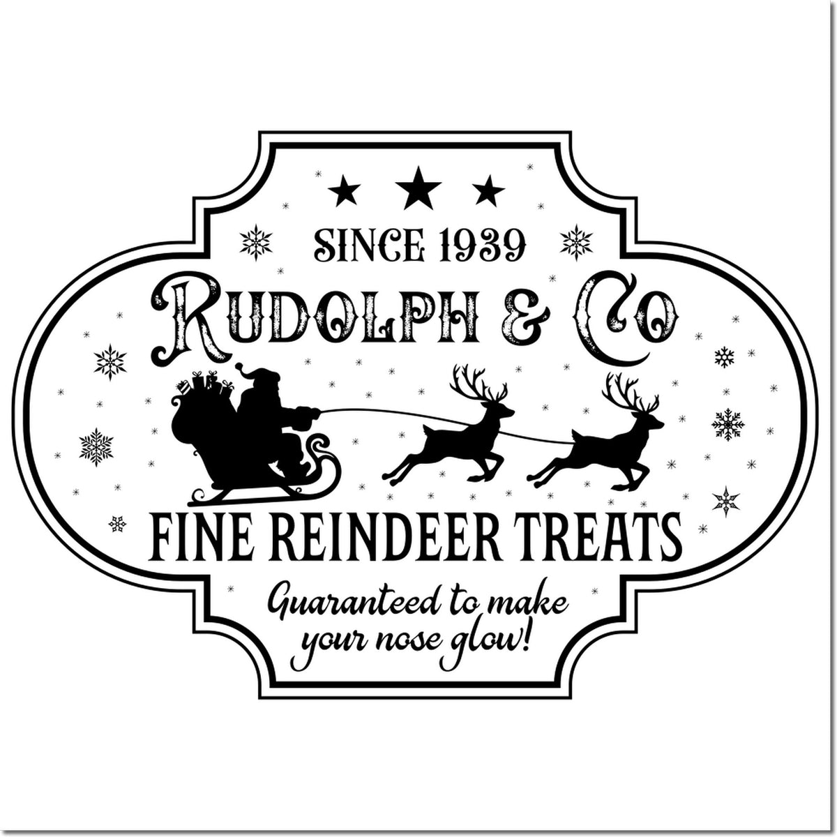Christmas rubber stamp design for Rudolph & Co Fine Reindeer Treats, with Santa sleigh, reindeer, and festive holiday lettering.