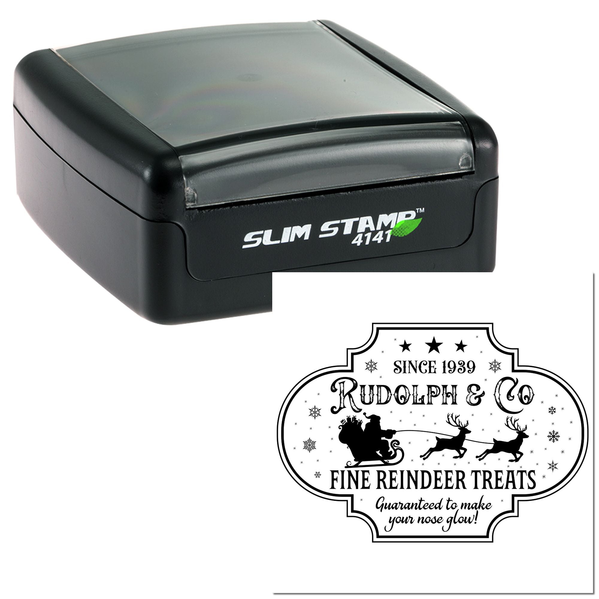 Slim Stamp 4141 self-inking rubber stamp with custom Rudolph & Co Fine Reindeer Treats holiday logo.