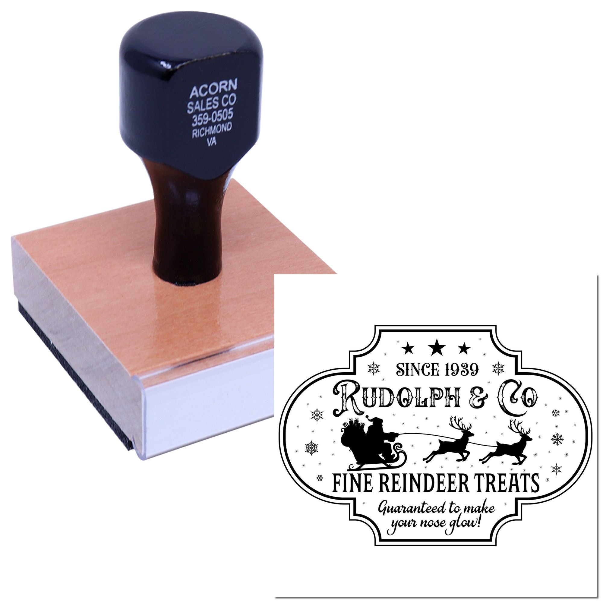 Custom rubber stamp with Rudolph & Co logo imprint for holiday branding, packaging, and business use