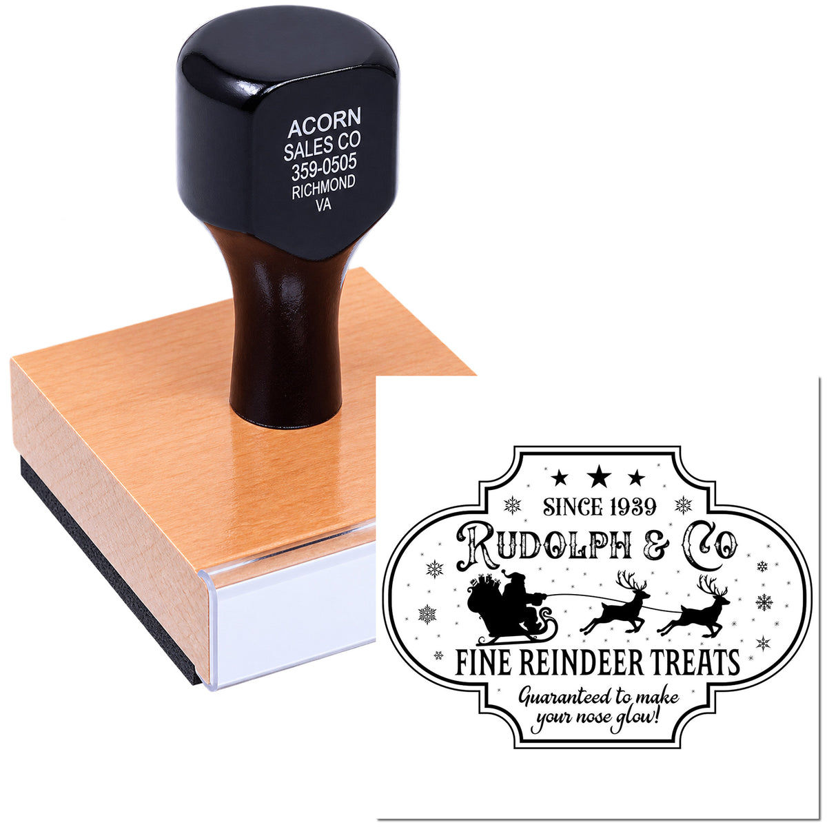 Custom rubber stamp with Rudolph & Co logo imprint for holiday branding, packaging, and business use