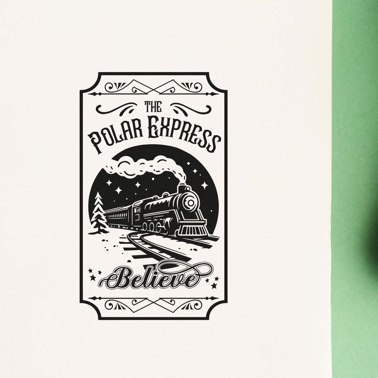 Polar Express Believe rubber stamp design with steam train, vintage border, and Christmas holiday theme.