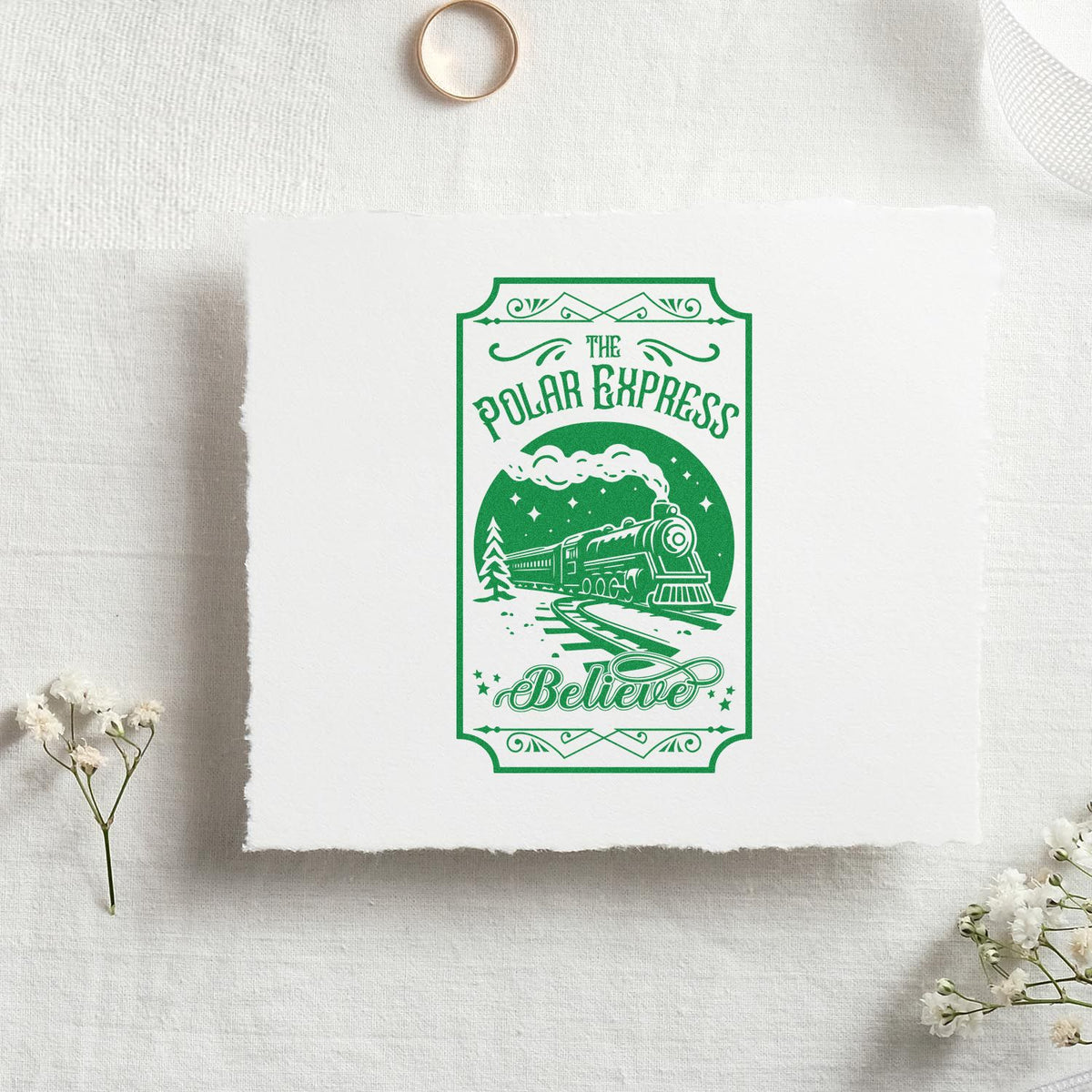 Polar Express Believe holiday rubber stamp design with vintage train, perfect for Christmas cards, tags, and festive crafts.
