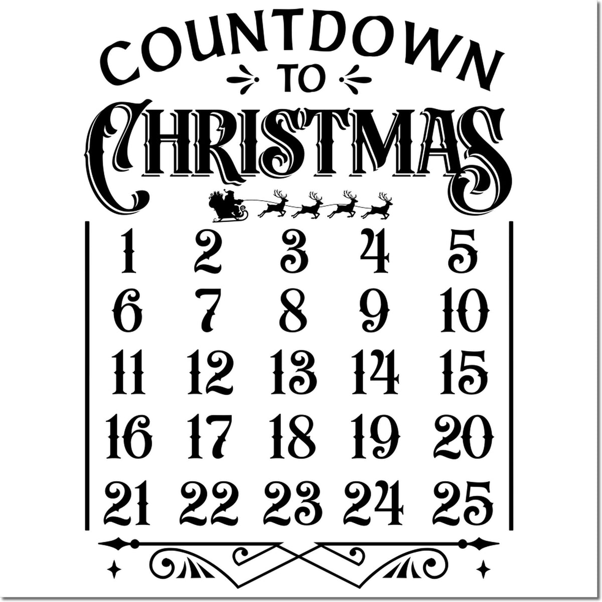 Countdown to Christmas rubber stamp design with festive numbers 1-25 and Santa sleigh silhouette.