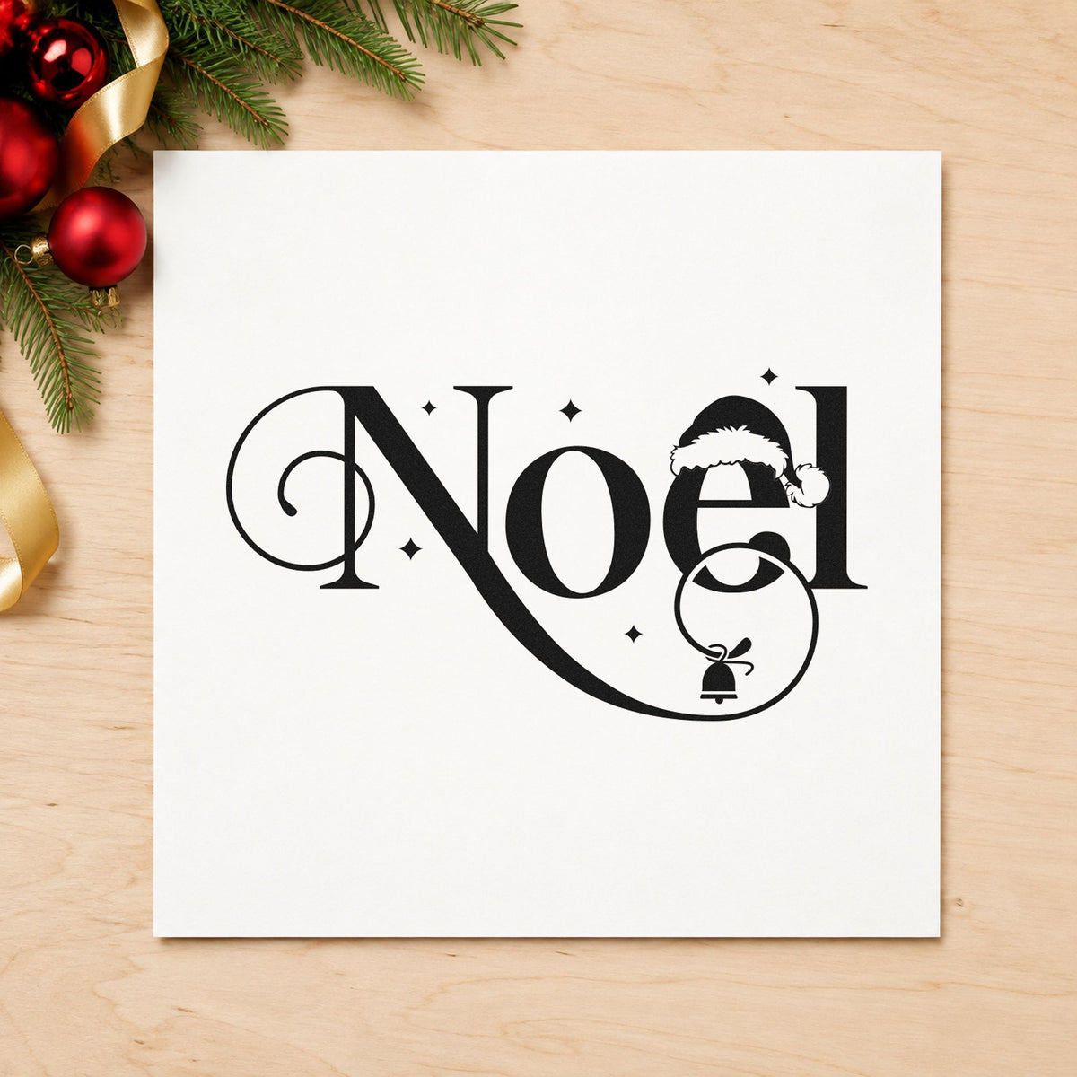 Noel Santa Hat Bell rubber stamp printed in black ink, ready for hat and bell cards and similar paper crafts.