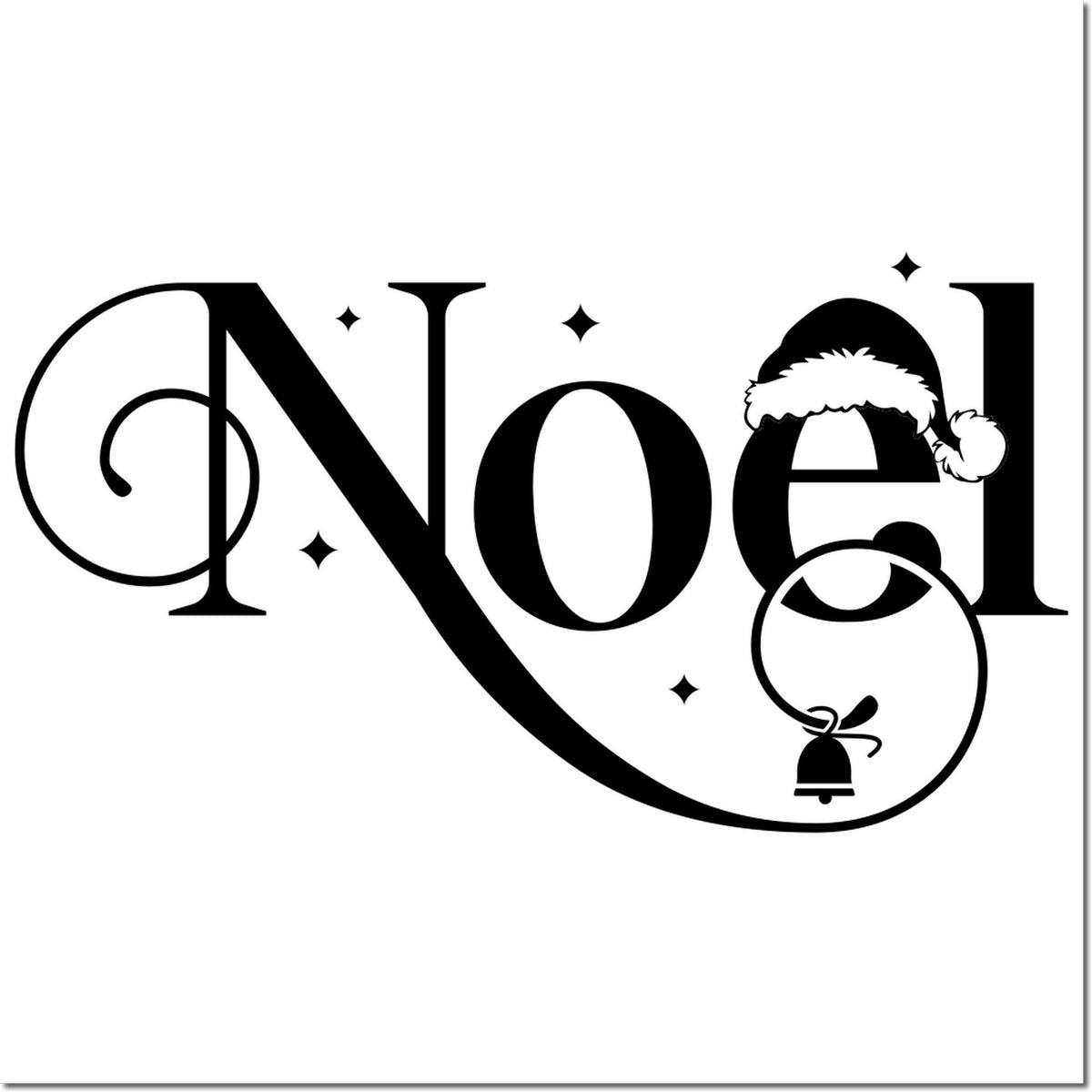 Noel Christmas rubber stamp design with Santa hat and bell for holiday cards, crafts, and festive packaging.