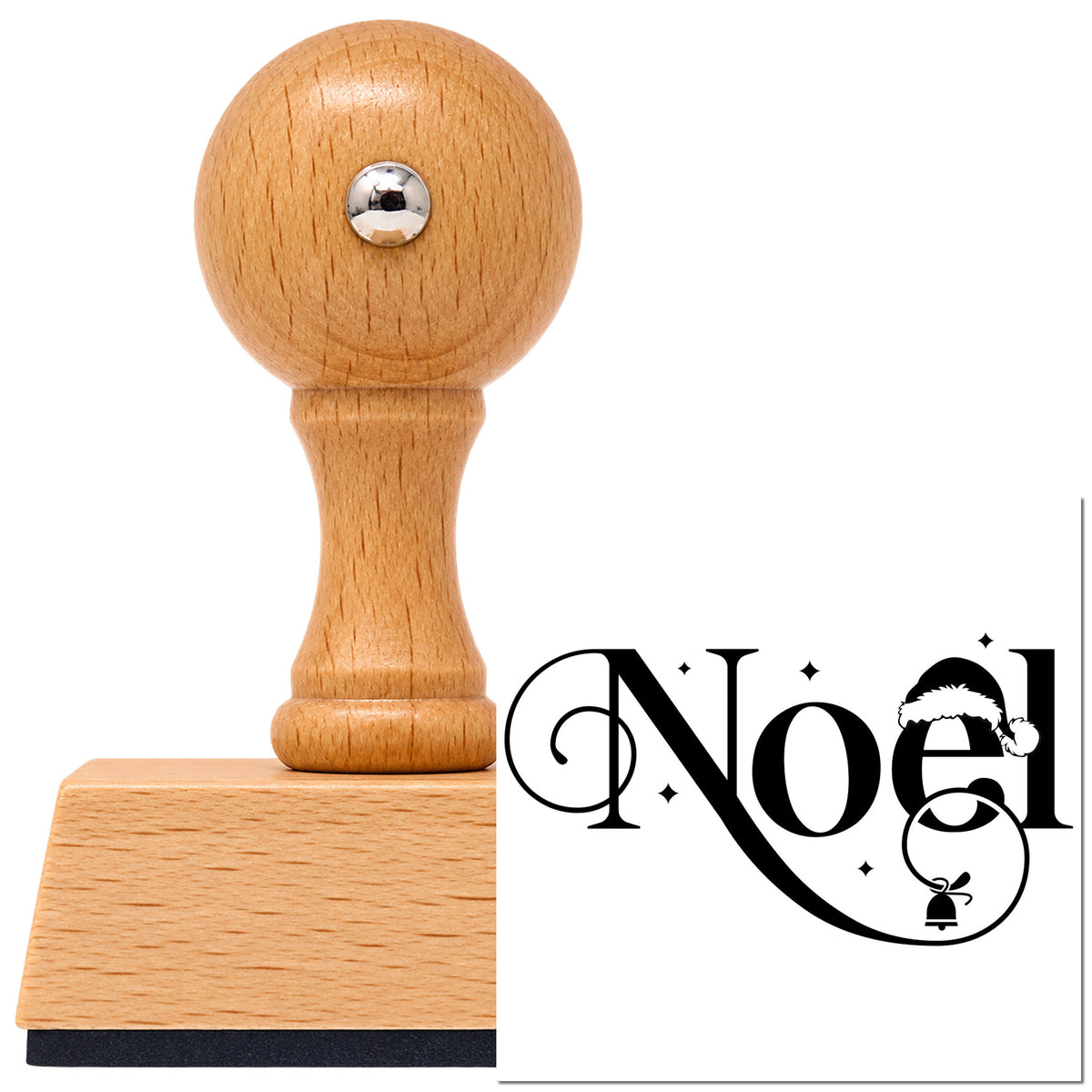 Noel Santa Hat Bell Vintage Pro rubber stamp in European beech wood with a round knob handle, shown beside its black imprint.