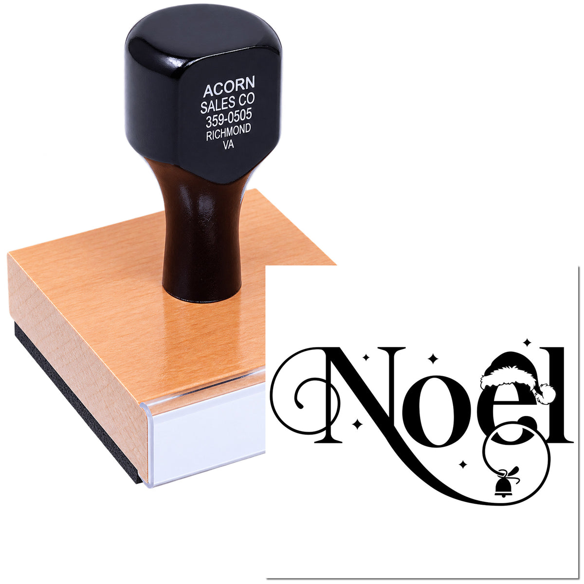 Noel Christmas rubber stamp design with decorative holiday lettering and bell accent
