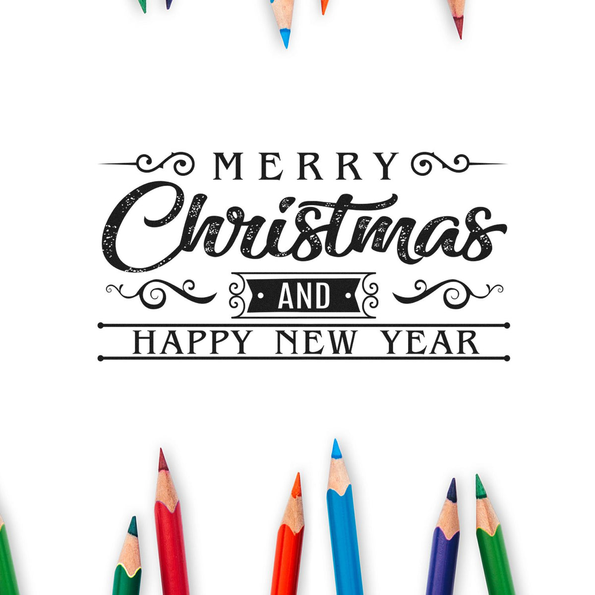 Merry Christmas and Happy New Year holiday rubber stamp design with decorative script and colorful pencil border