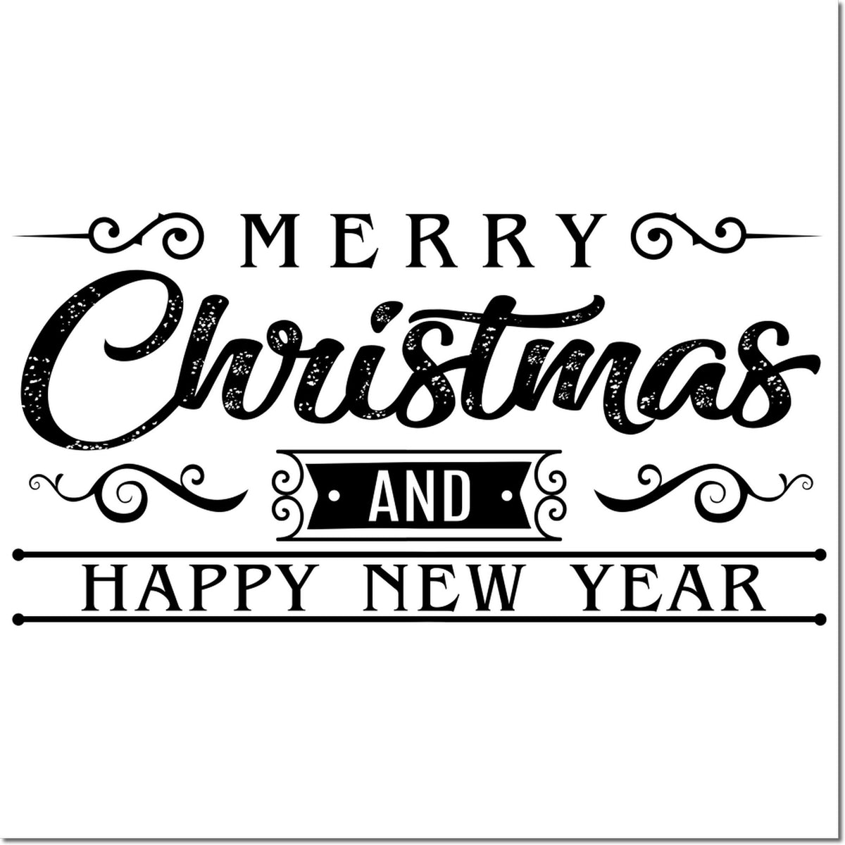 Merry Christmas and Happy New Year decorative rubber stamp design with vintage typography and holiday flourishes.