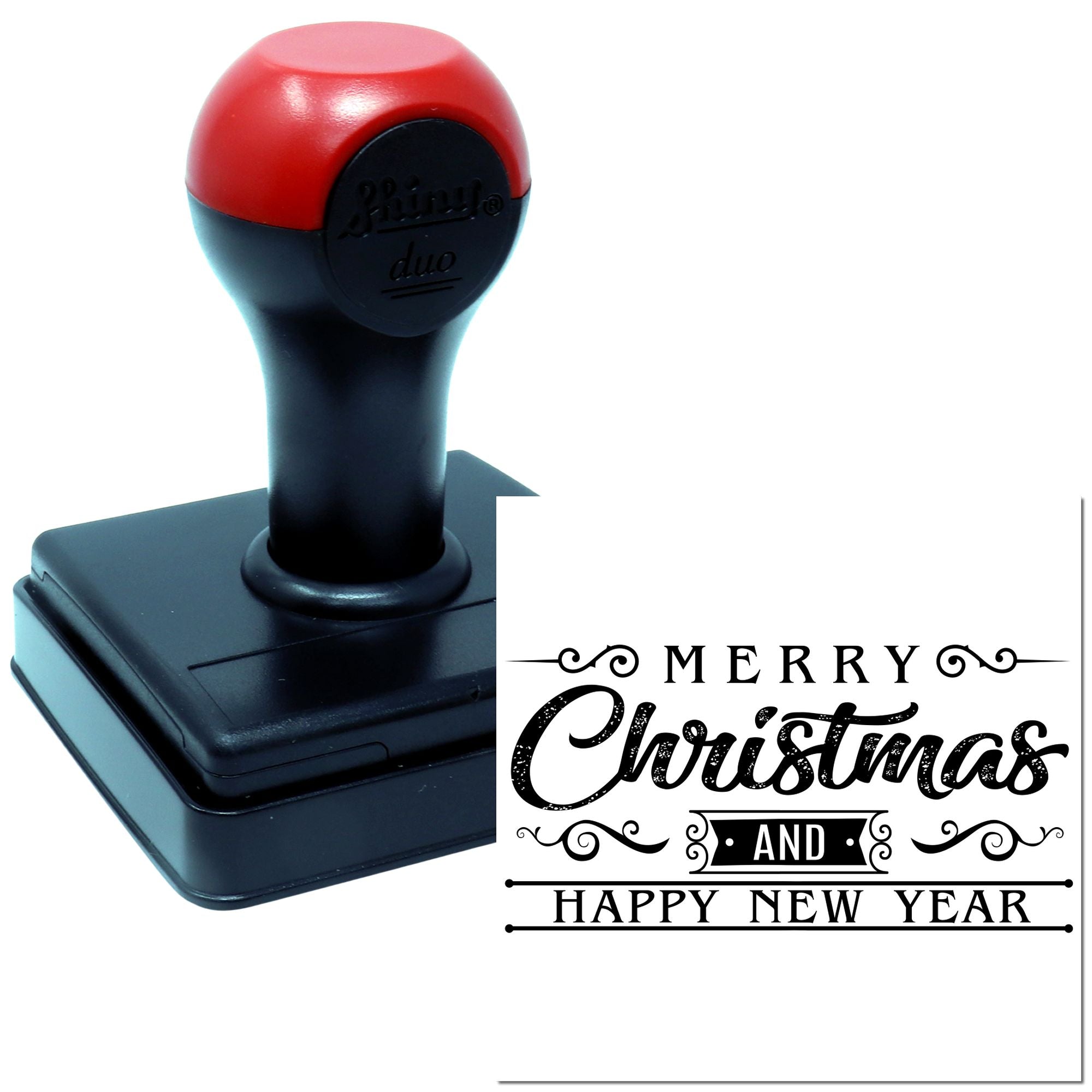 Custom self-inking rubber stamp with Merry Christmas and Happy New Year design for holiday cards and gift packaging.