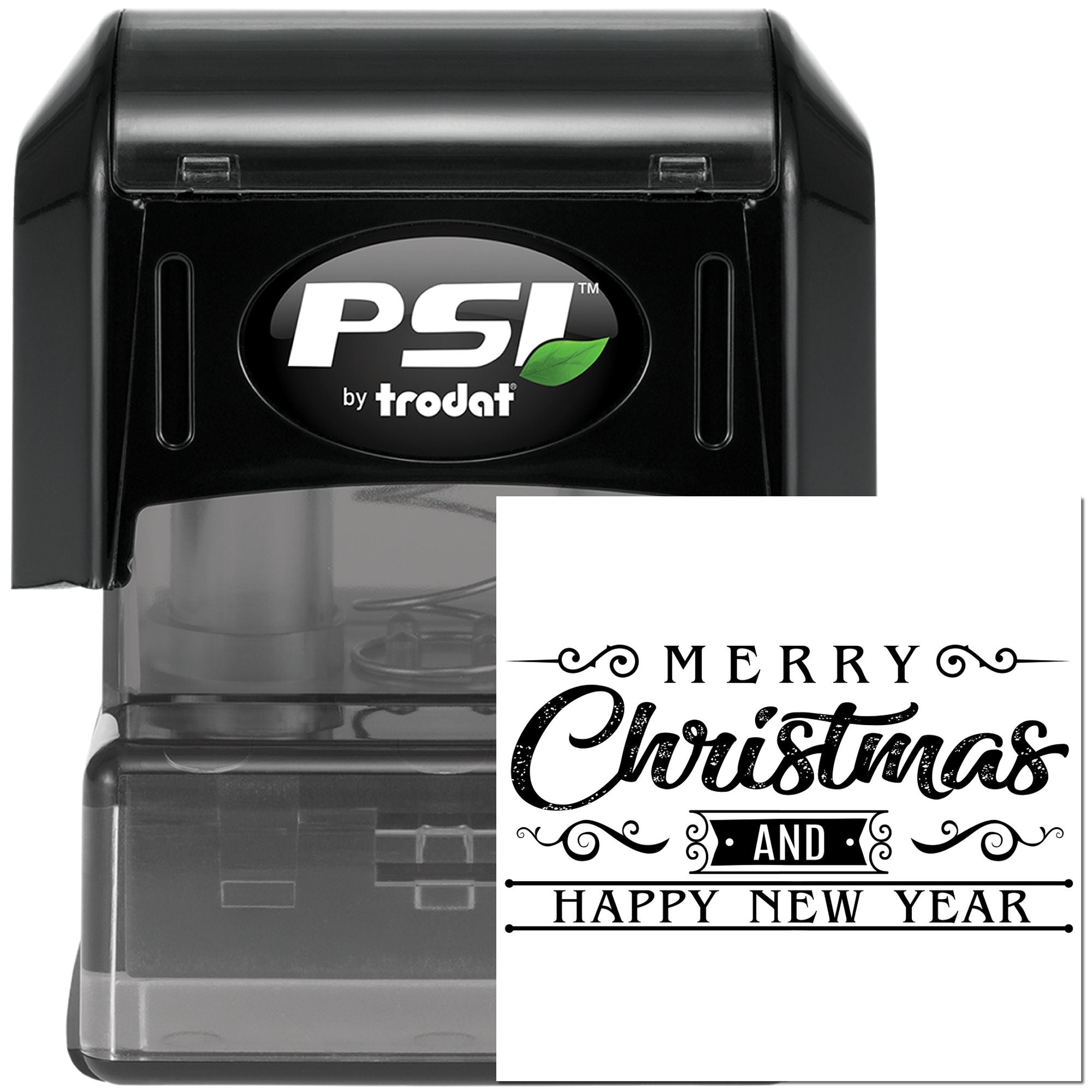 Self-inking rubber stamp with Merry Christmas and Happy New Year holiday greeting, PSI by trodat design.
