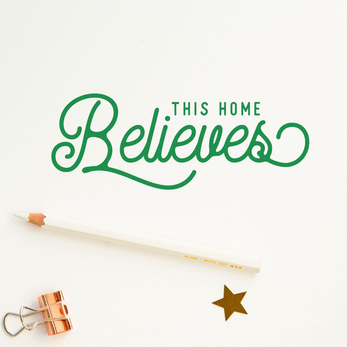 Green This Home Believes rubber stamp design for faith-based home decor, cards, and craft projects.