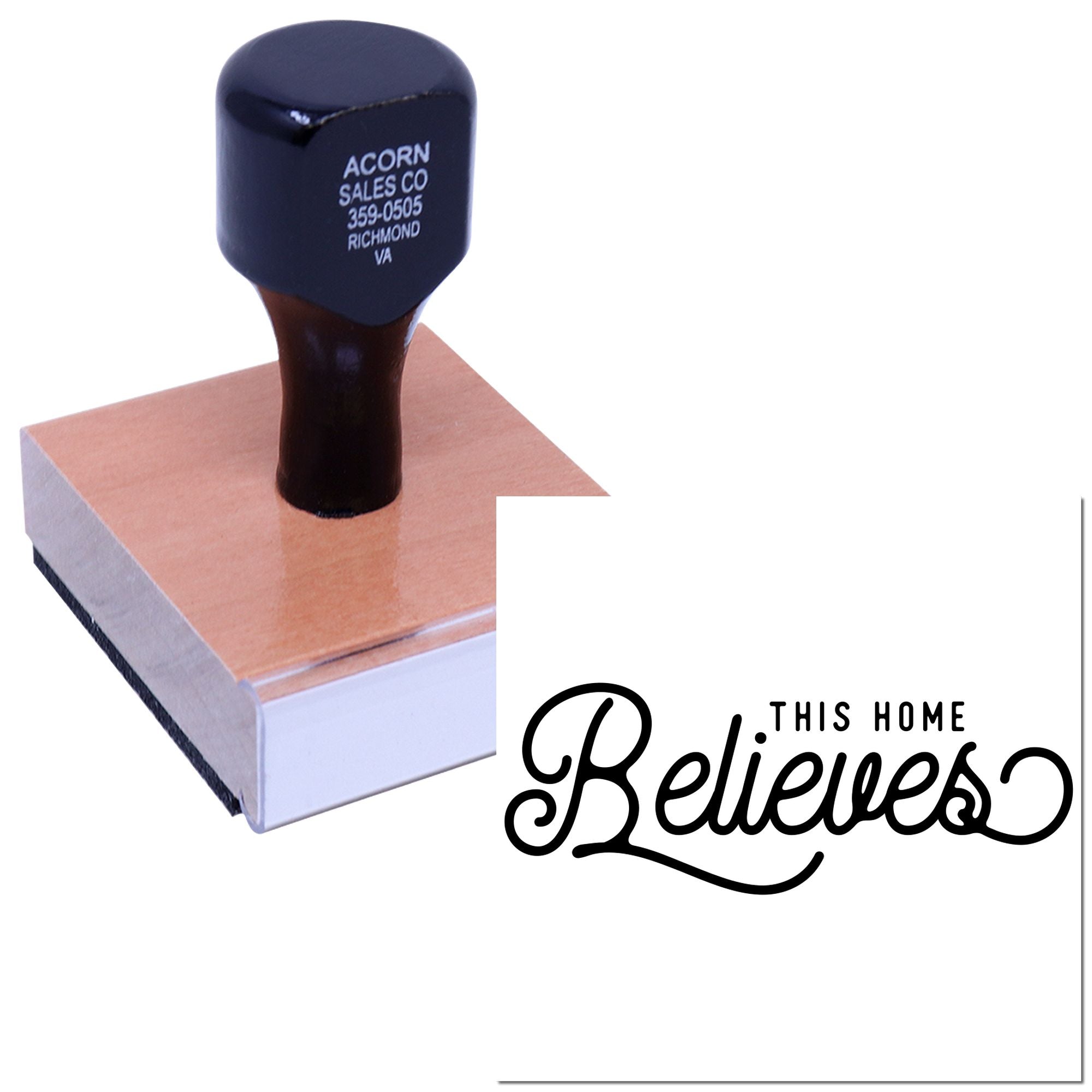 Custom rubber stamp with This Home Believes imprint for personalized home, faith, and family projects.