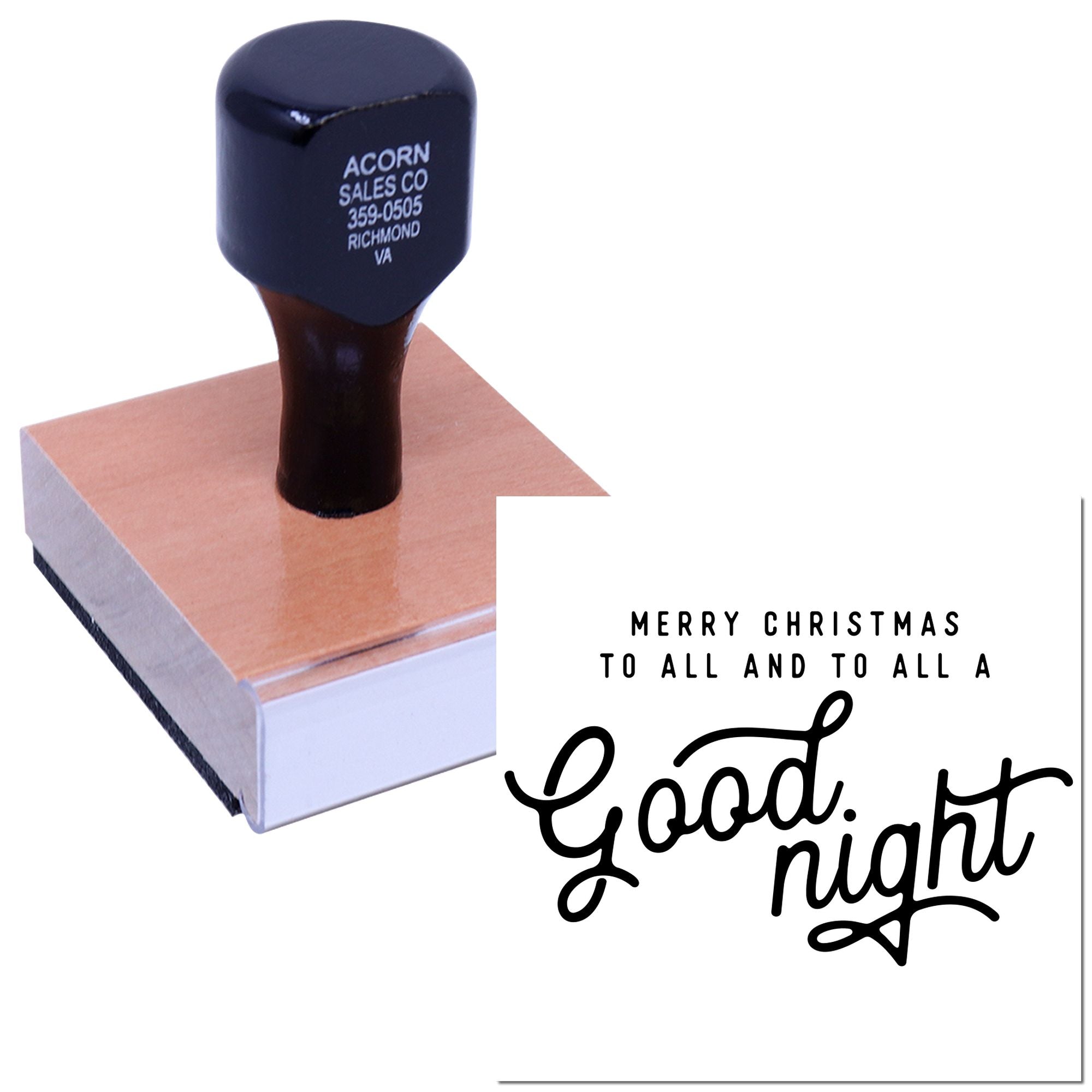 Holiday rubber stamp with Merry Christmas to all and to all a Good night message for festive cards and packaging.