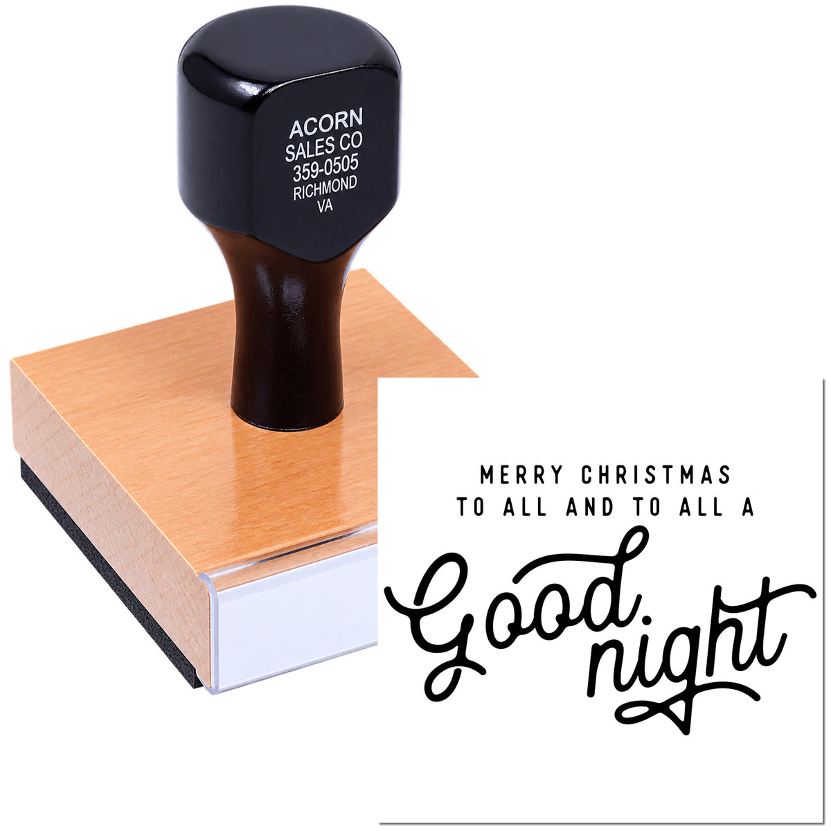Holiday rubber stamp with Merry Christmas to all and to all a Good night message for festive cards and packaging.