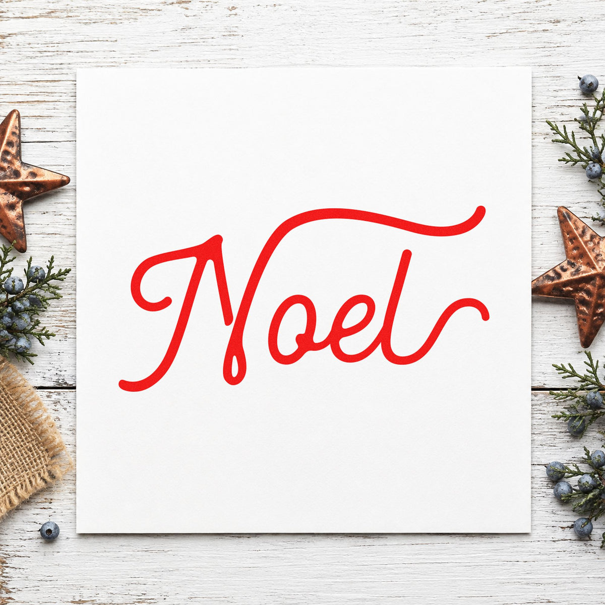 Noel Flowing Script rubber stamp shown in red ink, stamped for projects such as box band labels.