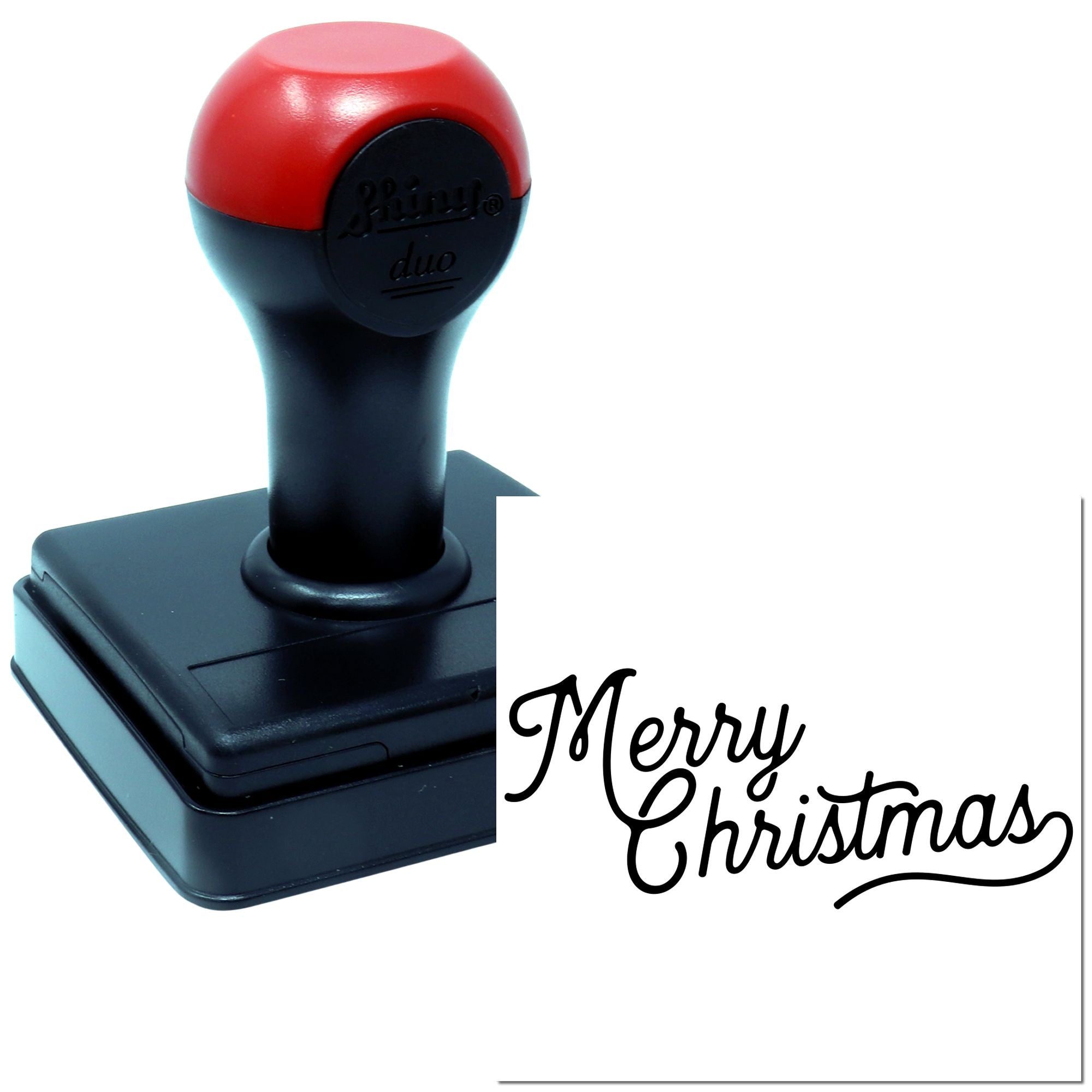 Self-inking rubber stamp with Merry Christmas design for holiday cards, crafts, and custom Christmas stationery.