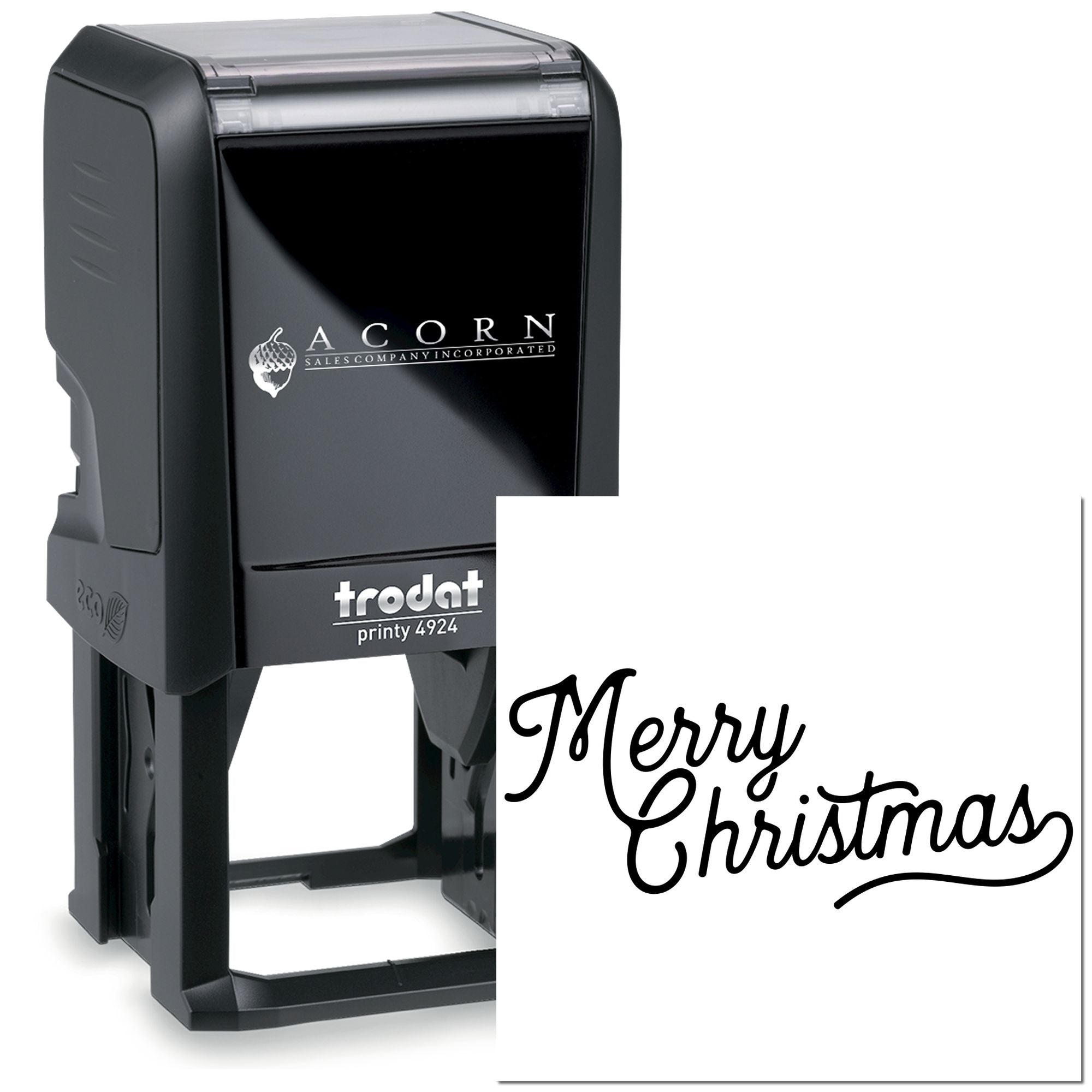 Custom Merry Christmas self-inking rubber stamp, Trodat Printy 4924, for holiday cards, gift tags, and seasonal packaging.