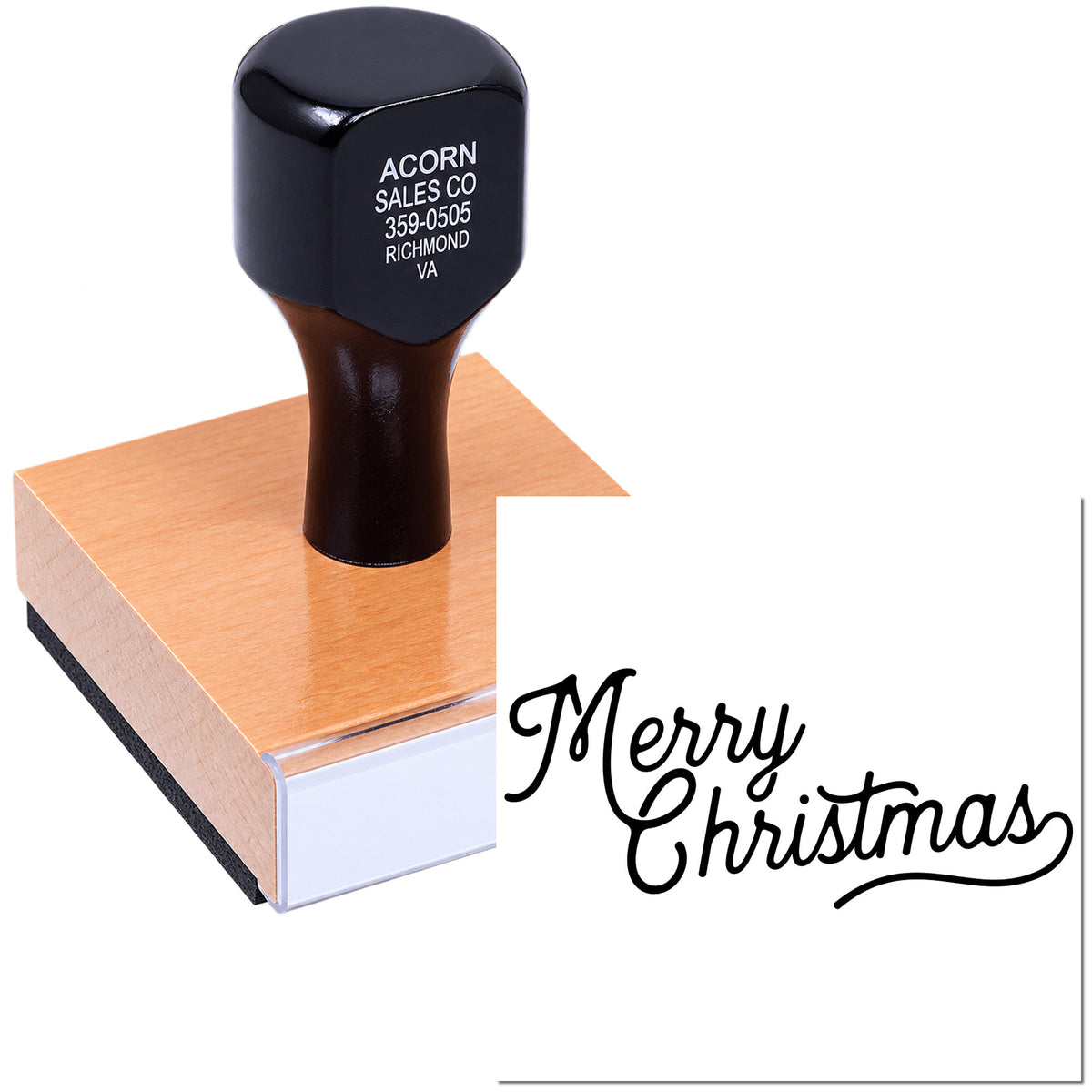Custom Merry Christmas rubber stamp for holiday cards, gift tags, and festive packaging.