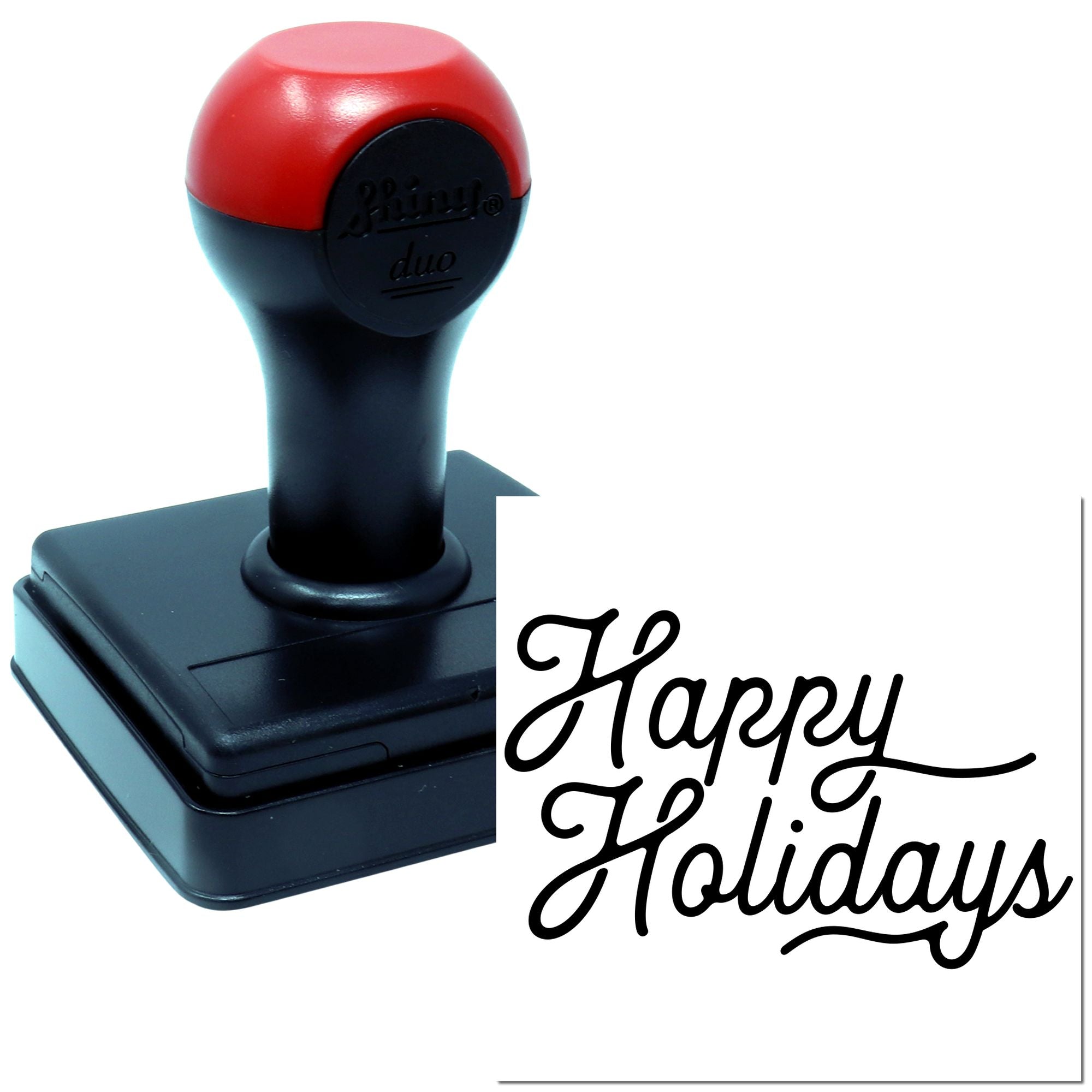 Happy Holidays rubber stamp with self-inking handle, perfect for custom Christmas and seasonal card stamping.