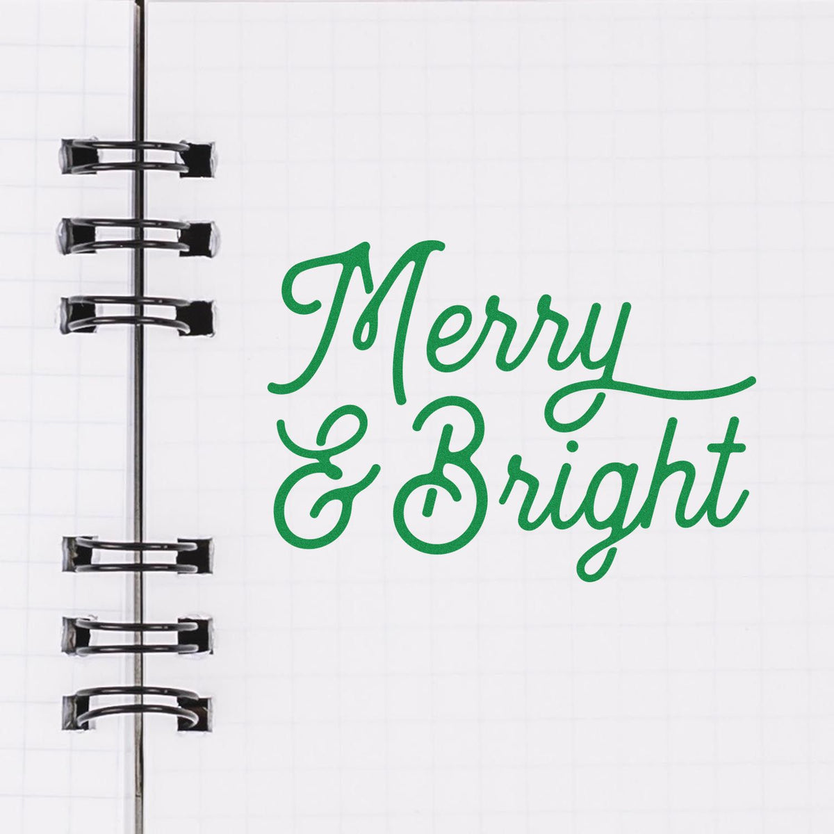 Merry & Bright green script rubber stamp design for holiday cards, scrapbooking, and festive crafts.