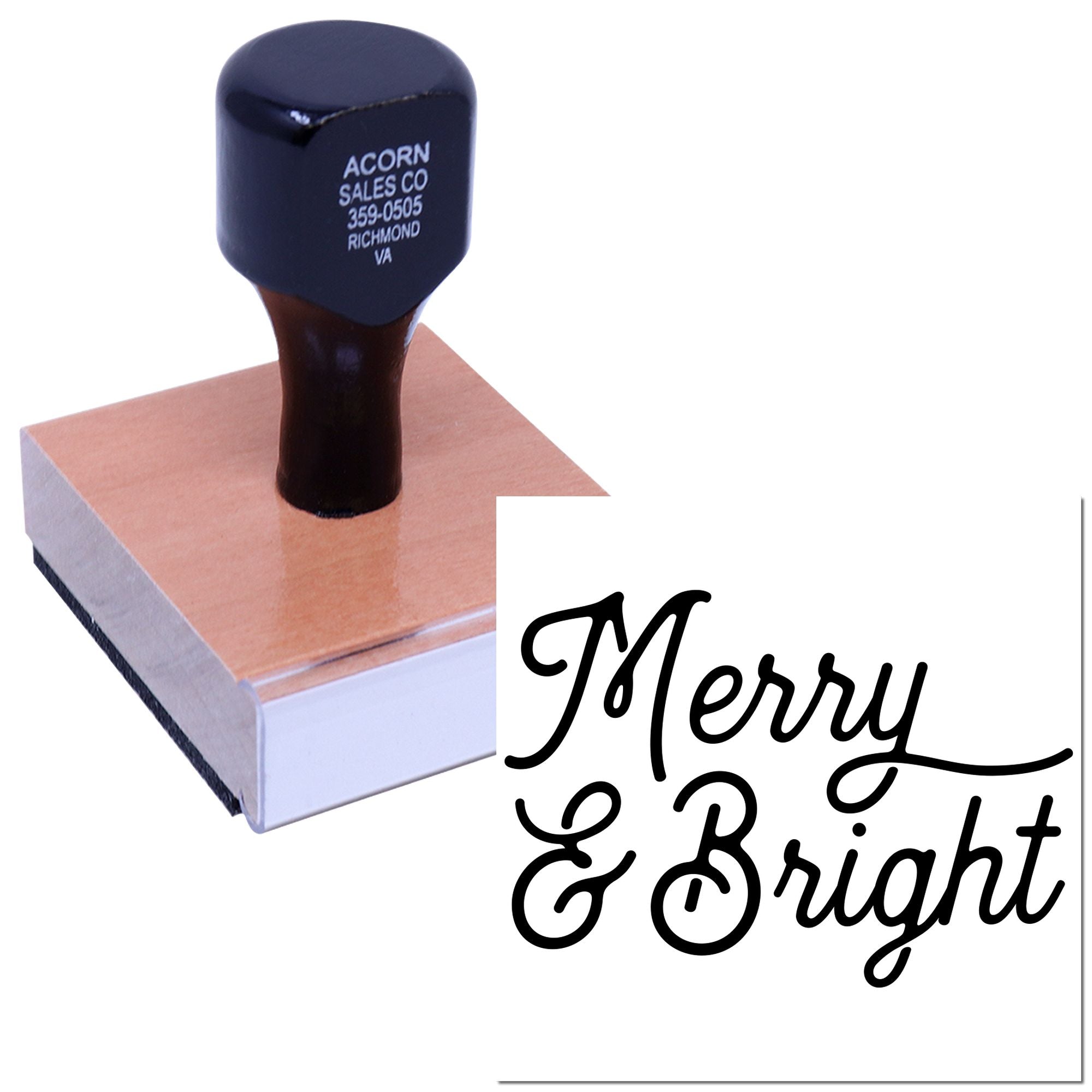 Merry & Bright holiday rubber stamp on wooden block for festive cards, crafts, and gift packaging.