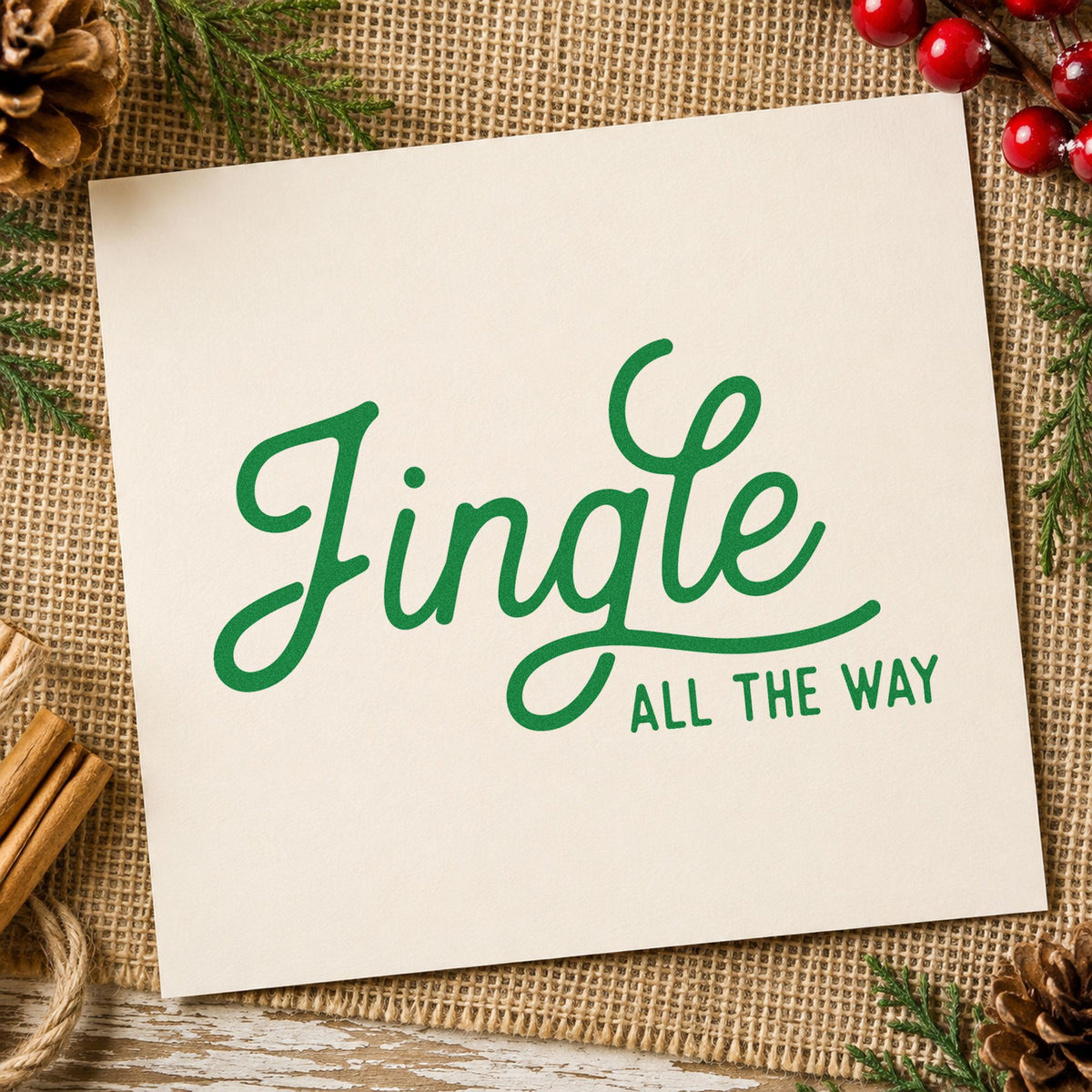 Jingle All The Way Script craft stamp imprint in green ink on a handmade project, one idea being program head cards.