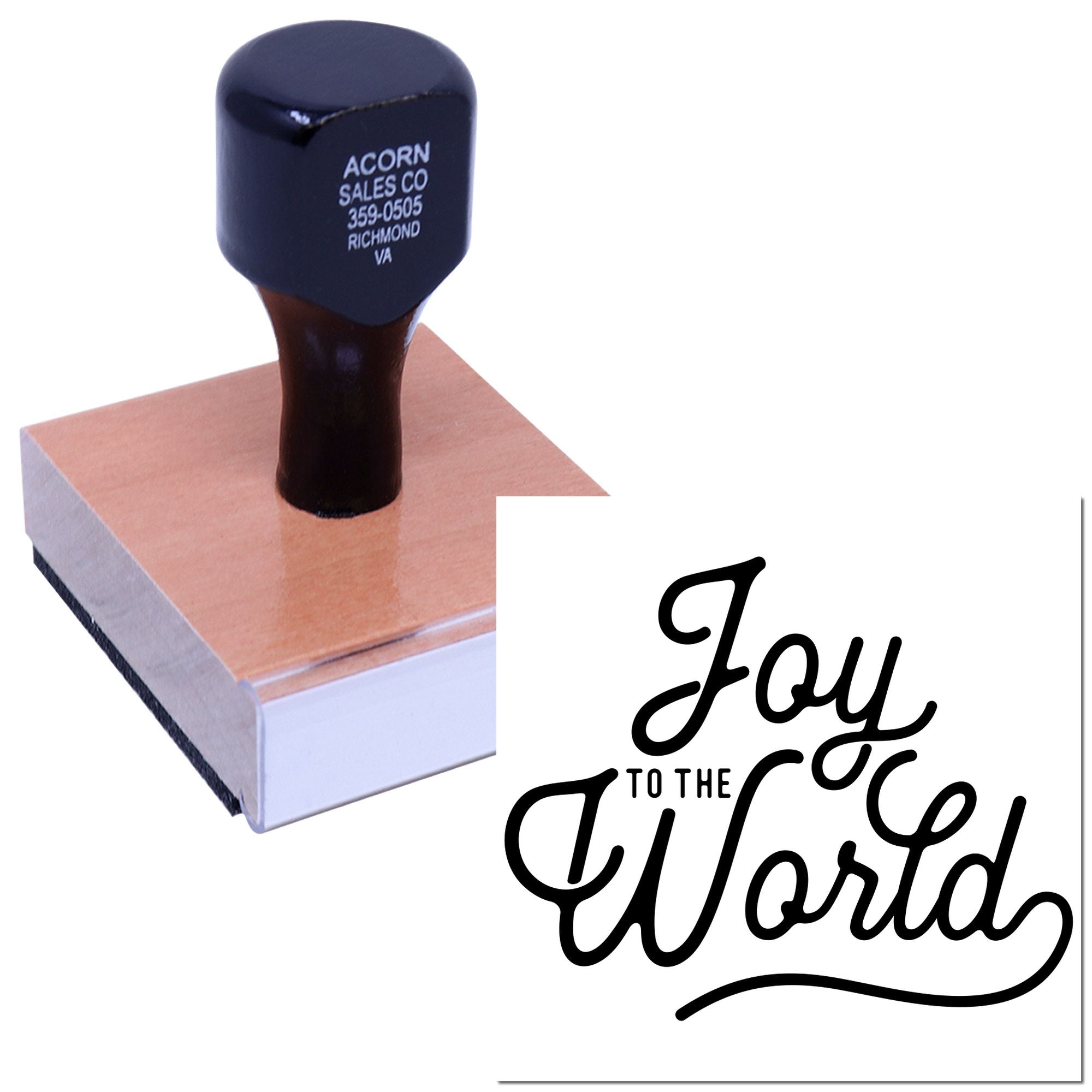 Custom rubber stamp showing the Joy to the World script design, ideal for holiday cards and festive crafts.