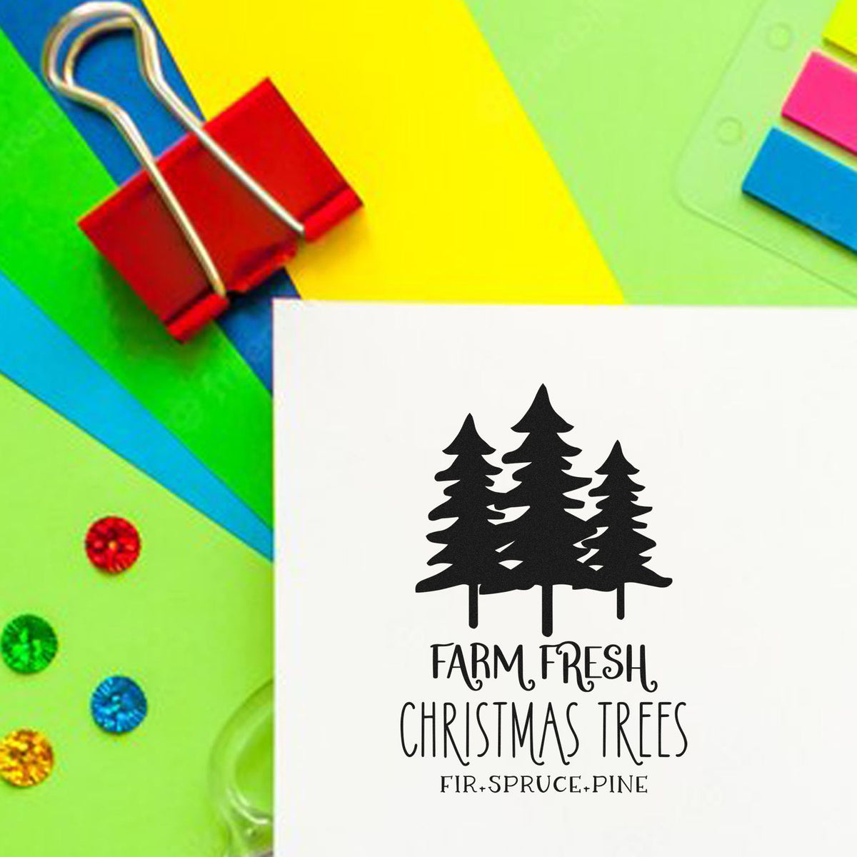 Custom Christmas tree rubber stamp for holiday crafts, featuring farm fresh fir, spruce and pine wording on paper.