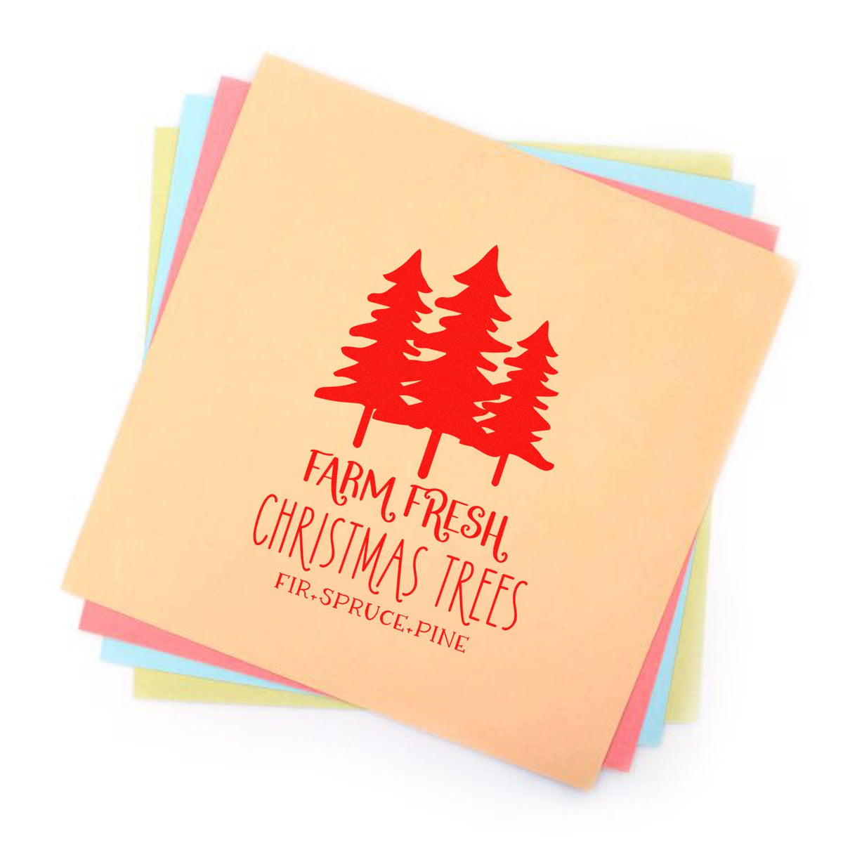 Farm Fresh Christmas Trees rubber stamp design with red pine tree graphic on stacked pastel papers for holiday crafting.