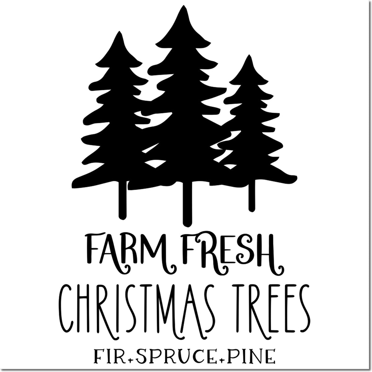 Farm Fresh Christmas Trees rubber stamp design with fir, spruce and pine silhouette for rustic holiday gift tags and packaging.